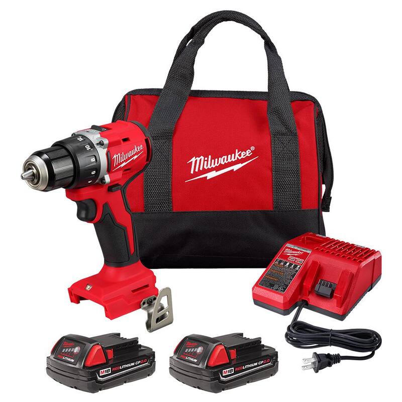 Equipo de taladro/atornillador compacto inalámbrico sin escobillas de litio Milwaukee M18 de 18 V con dos baterías de 2.0 Ah, cargador y estuche - 3601-22CT