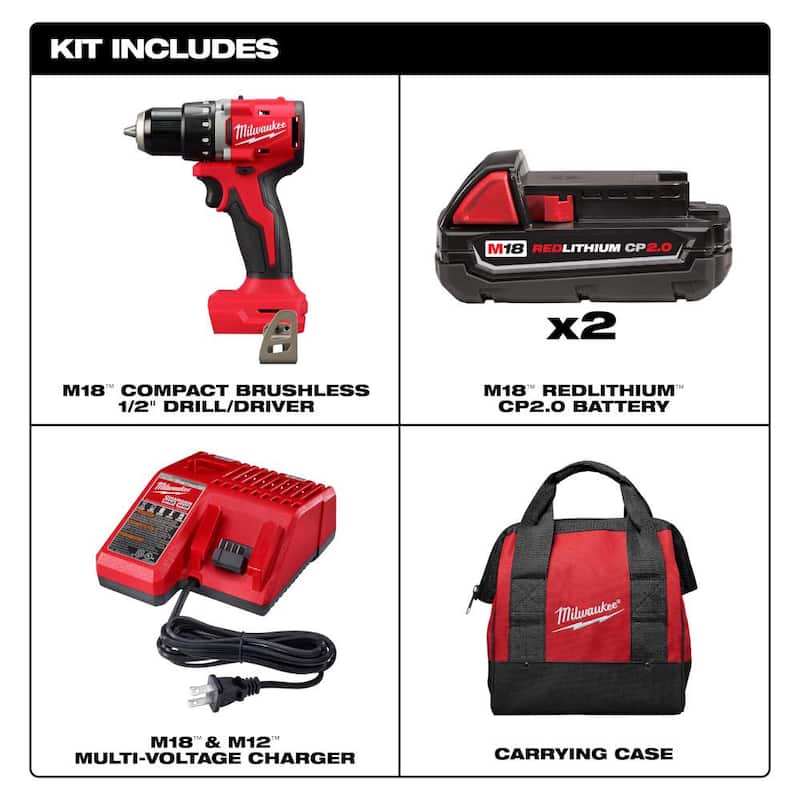 Equipo de taladro/atornillador compacto inalámbrico sin escobillas de litio Milwaukee M18 de 18 V con dos baterías de 2.0 Ah, cargador y estuche - 3601-22CT