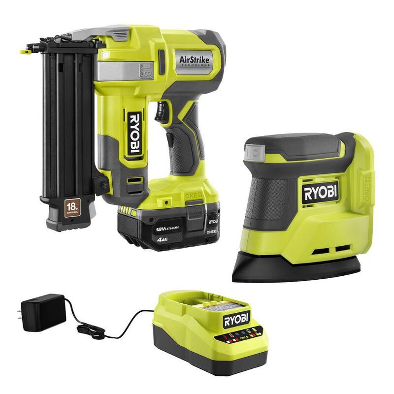 RYOBI ONE+ 18V Clavadora inalámbrica AirStrike de calibre 18 con esmeriladora de acabado Corner Cat inalámbrica, batería de 4.0 Ah, cargador - P321K1-PCL416B