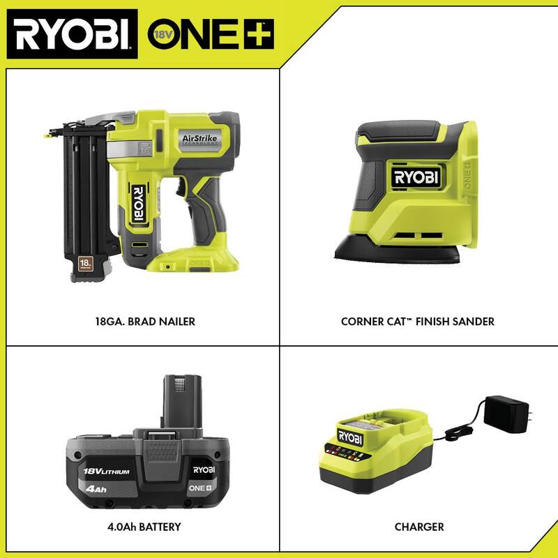 RYOBI ONE+ 18V Clavadora inalámbrica AirStrike de calibre 18 con esmeriladora de acabado Corner Cat inalámbrica, batería de 4.0 Ah, cargador - P321K1-PCL416B