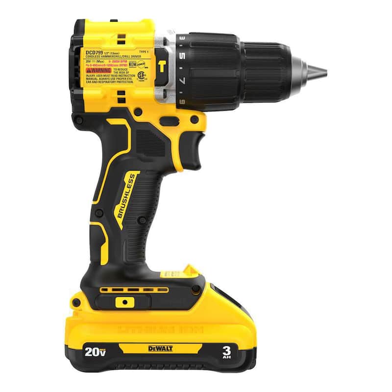 Martillo perforador compacto inalámbrico DEWALT ATOMIC de 20 voltios de iones de litio con broca de 1/2 pulgadas, batería de 3.0Ah, cargador y bolso - DCD799L1