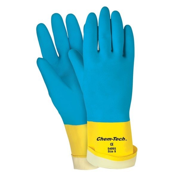 Guantes de seguridad Mcr Chem Tech, tamaño grande, látex, color amarillo sobre azul, 12 pulgadas L - 5409S.