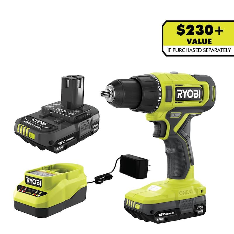 Set de Taladro/Atornillador Inalámbrico RYOBI ONE+ de 18V con Broca de 1/2 pulg. con (2) Baterías de 1.5 Ah y Cargador - PCL206K2.