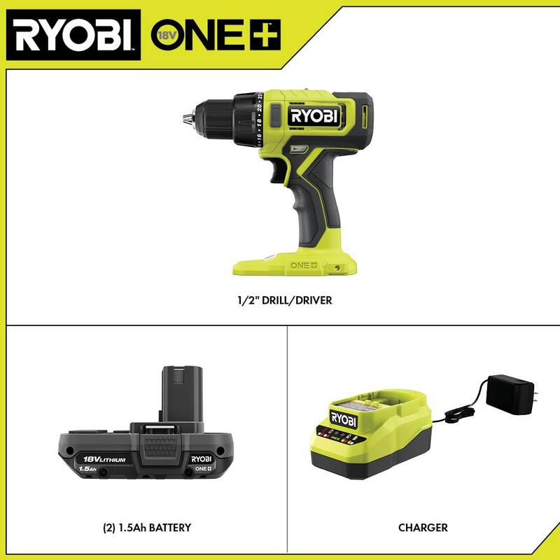 Set de Taladro/Atornillador Inalámbrico RYOBI ONE+ de 18V con Broca de 1/2 pulg. con (2) Baterías de 1.5 Ah y Cargador - PCL206K2.