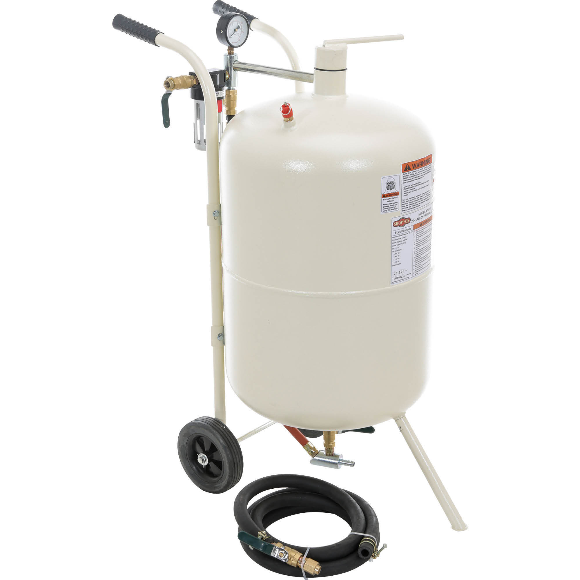 Chorro de arena portátil Grizzly, 20 galones, Máx. PSI 125, Consumo de aire Máx. 25 cfm, Modelo# M1115.