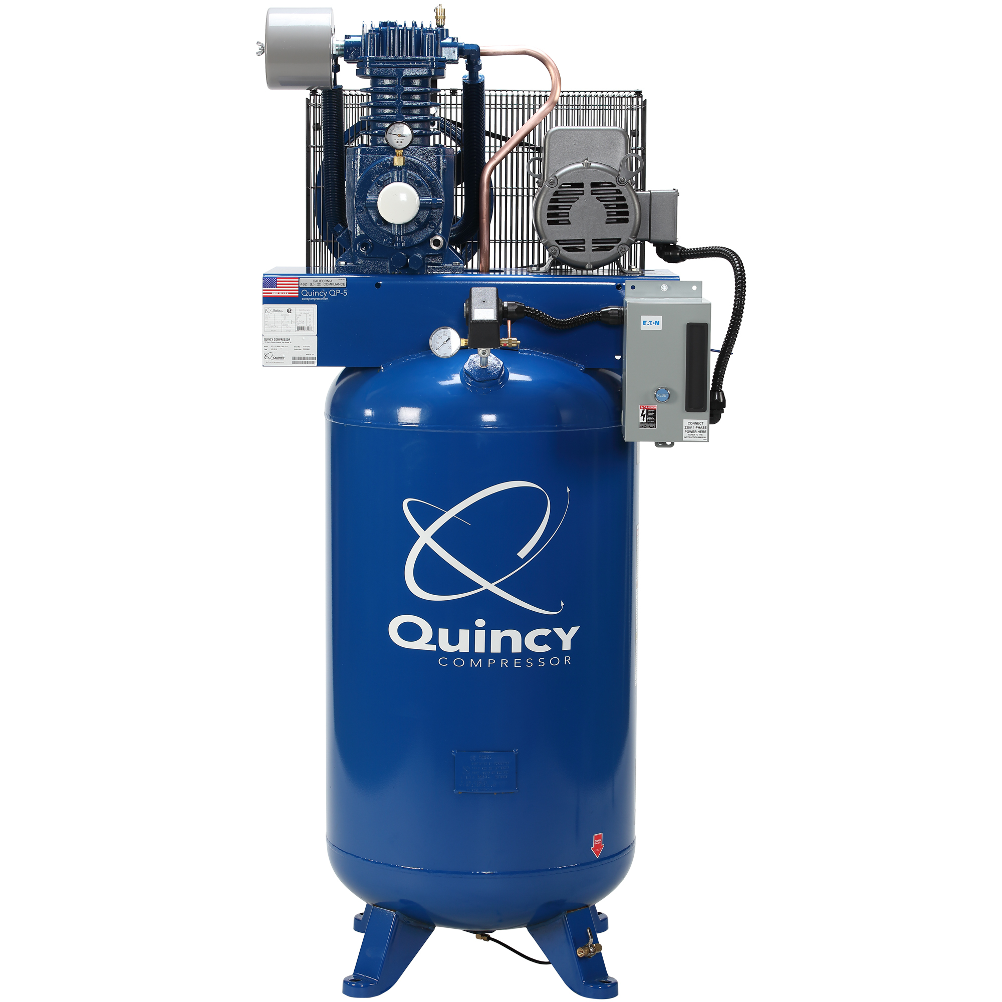 Compresor de aire Quincy, modelo QP1 5H 80G 2Stg, 230V 1f, PRO vertical. Potencia de 5 HP, tanque de aire de 80 galones, volts 230, modelo # 551CS80VCB.