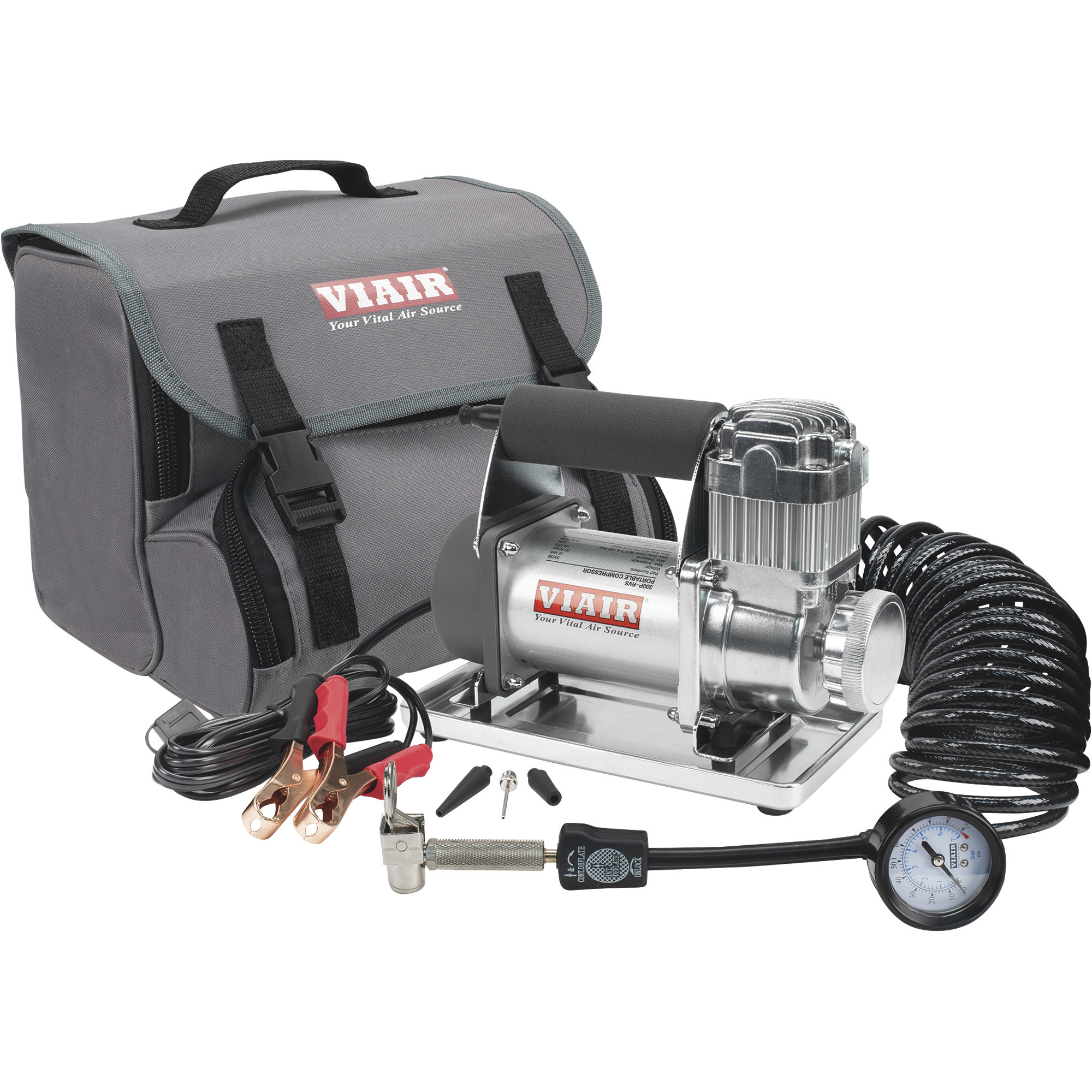 Kit de inflador de llantas portátil VIAIR 12 voltios, 30 amperios, 150 PSI máx., 2.30 CFM, modelo 300P-RVS.