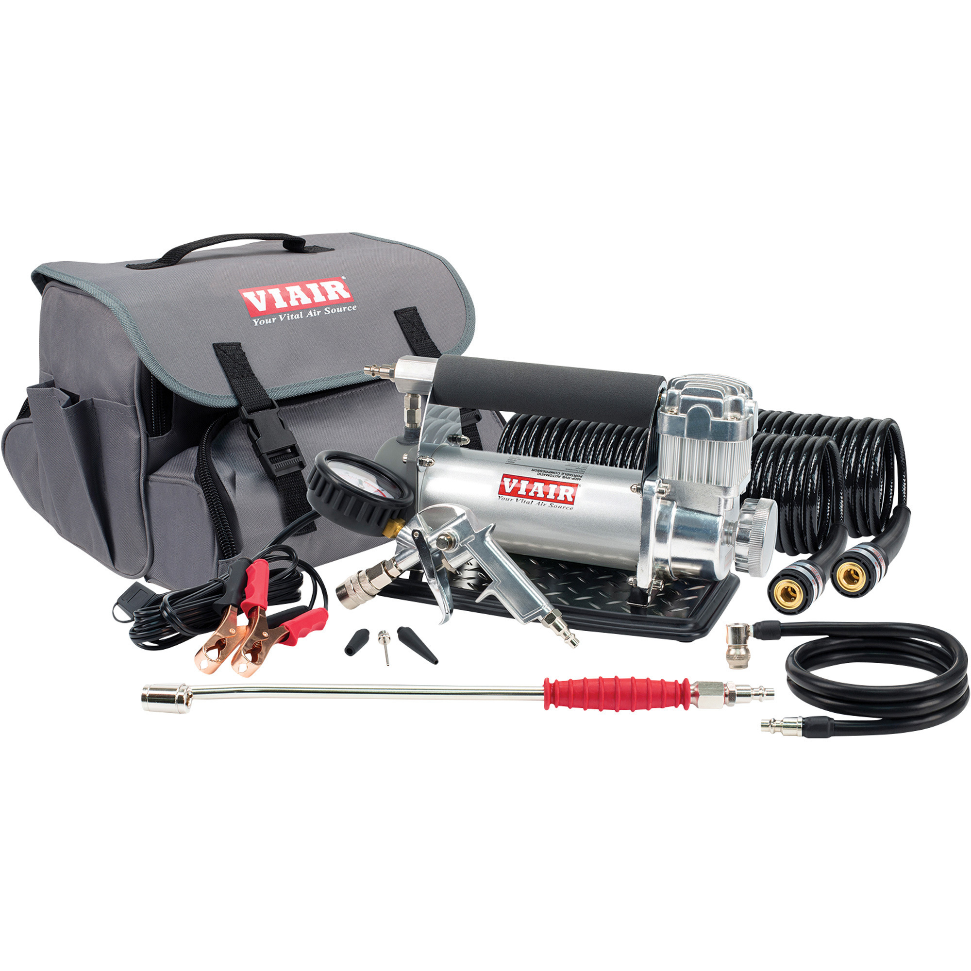Kit inflador de llantas portátil automático VIAIR de 12 voltios, 23 amperios, 150 PSI, 1.80 CFM, modelo #450P-RVS.