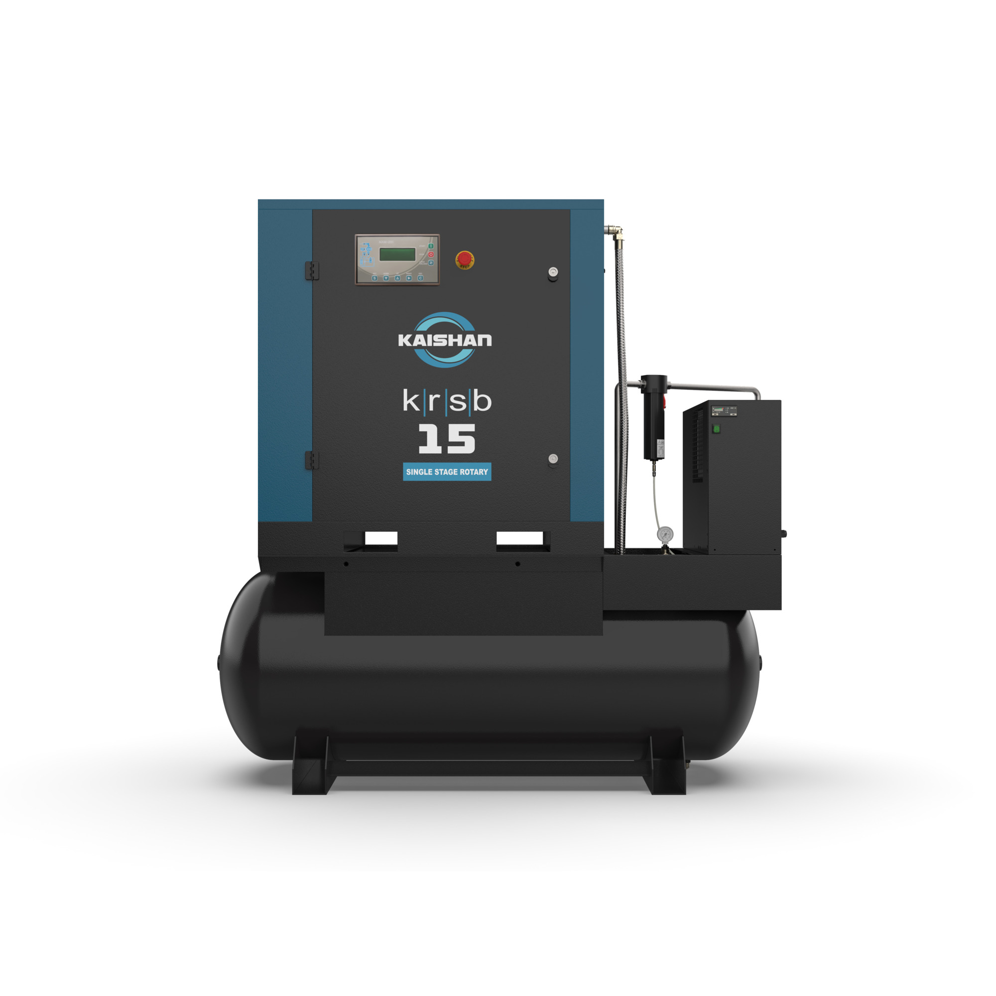 Compresor Kaishan USA de 5HP 230V 3 Fases 175 PSI con Tanque y Secador Rotary Screw, Modelo KRST-005A4F2D8U de 120 Gal.