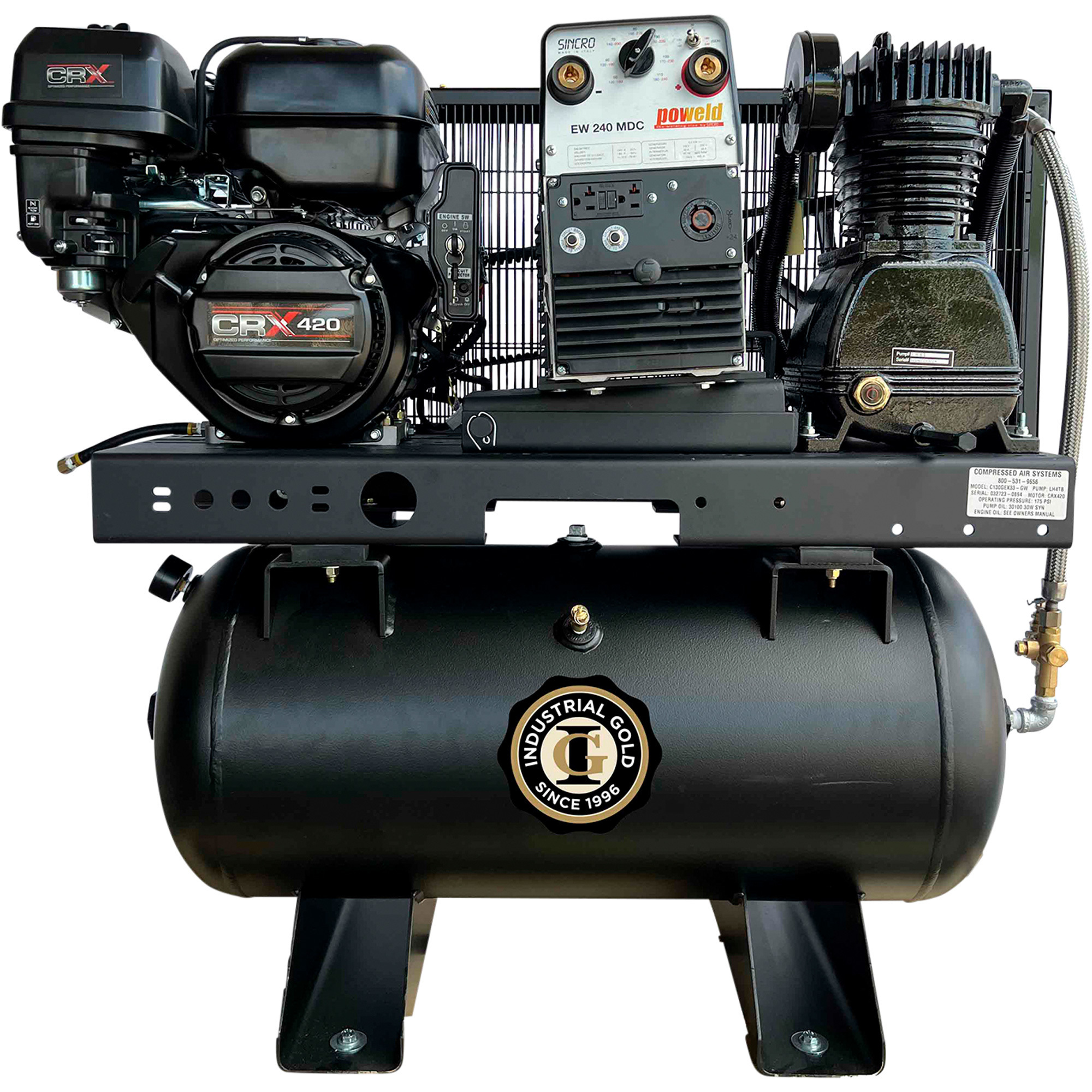 Compresor/Generador/Soldador a Gas Industrial Gold, Motor CRX de 14 HP, Tanque Horizontal de 30 Galones, Modelo CI13GEX33-GW