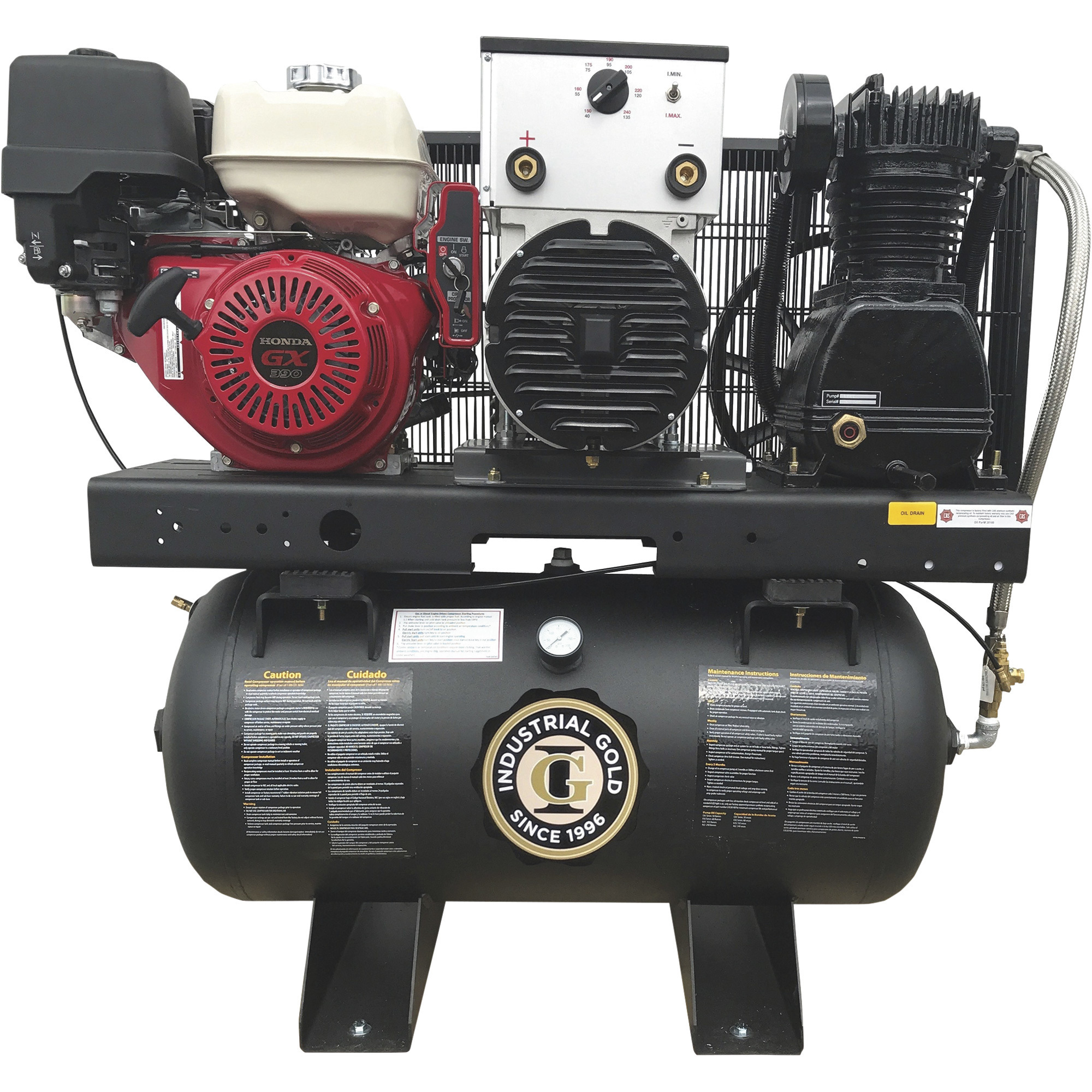 Compresor/Generador/Soldadora Industrial a Gasolina, Motor Honda GX390 de 13 HP, Tanque Horizontal de 30 Galones, Modelo CI13GEX33-GW.