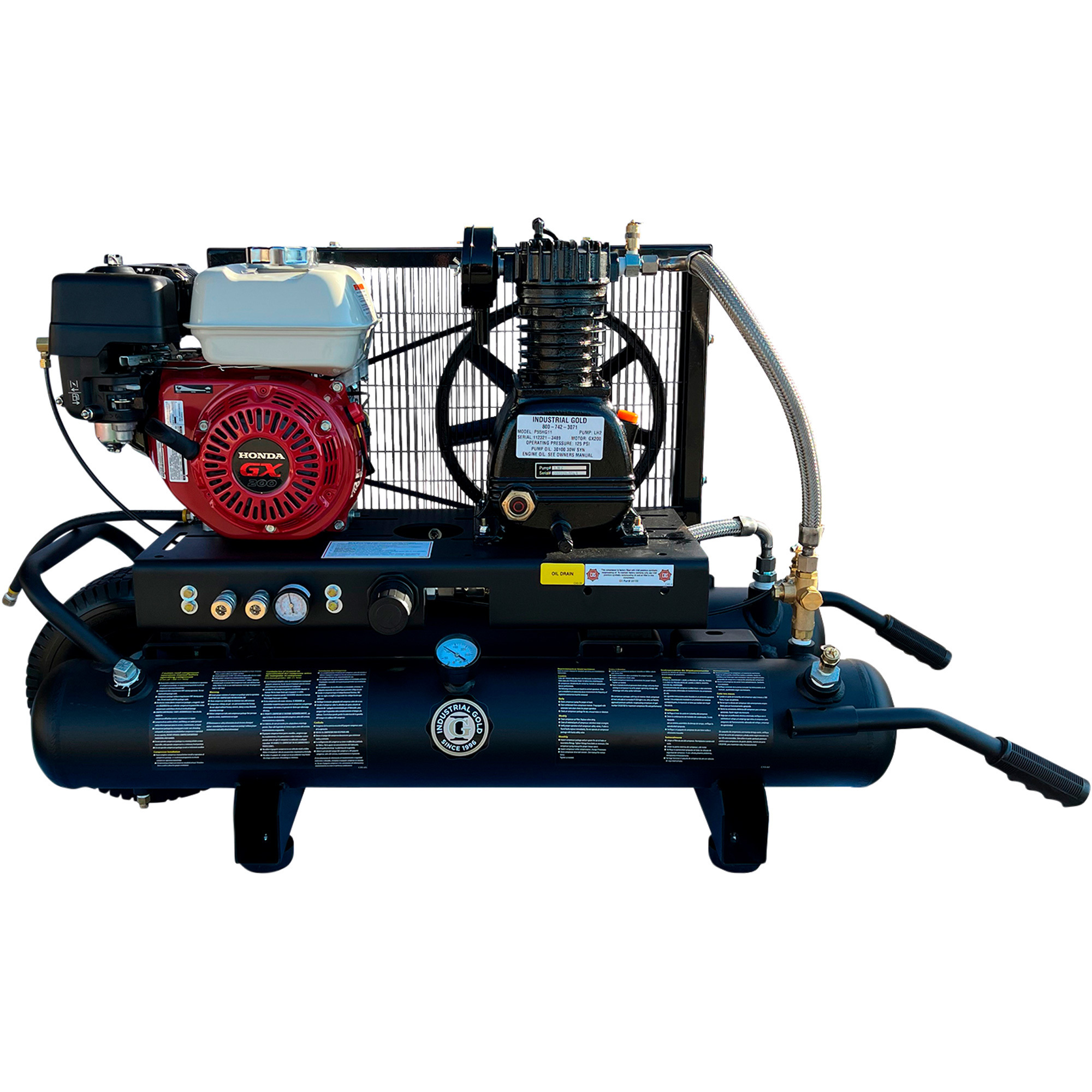 Compresor de aire portátil con ruedas Industrial Gold, motor Honda GX200 de 5.5 HP, tanque horizontal de 10 galones, modelo P55HG11.