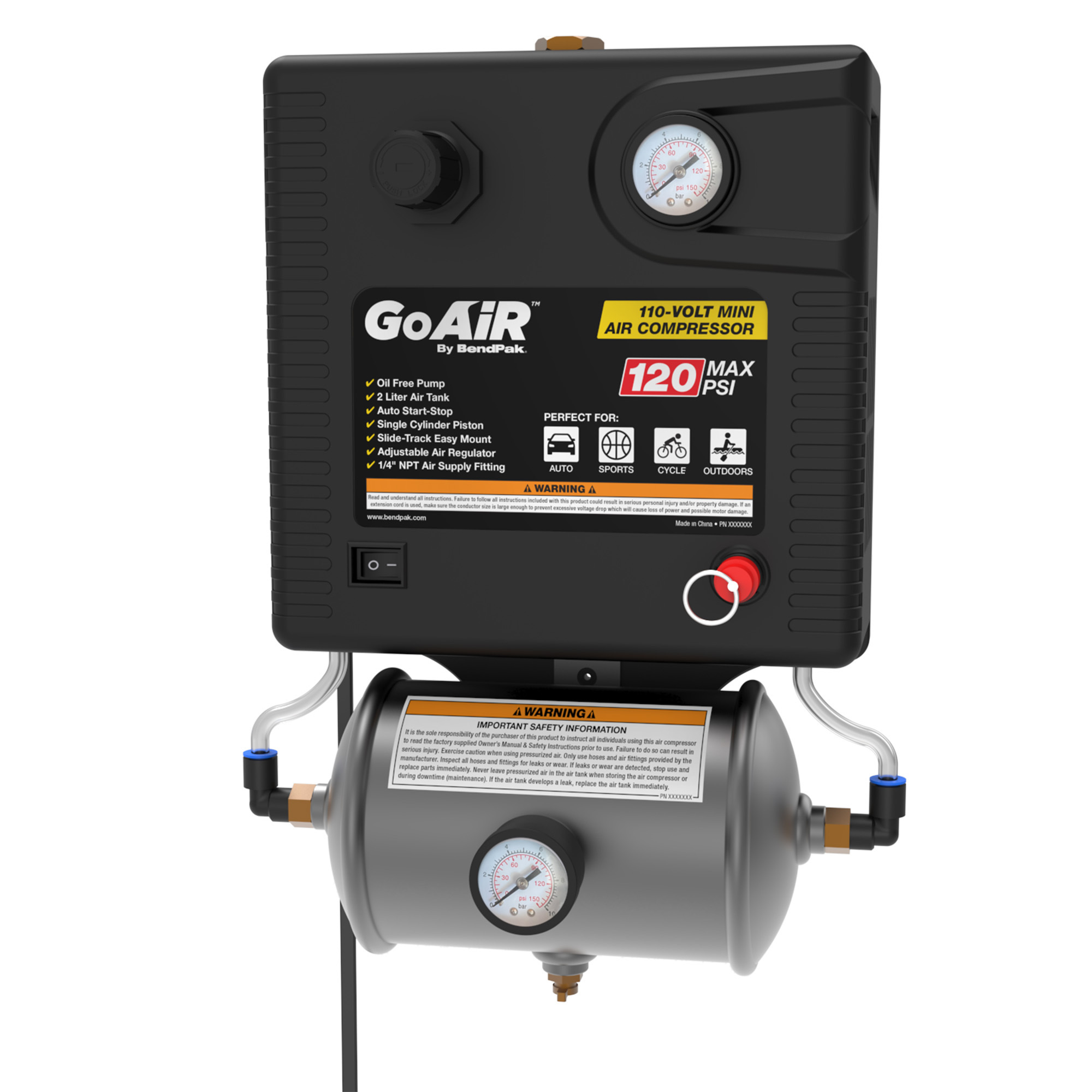 Compresor de Aire Mini 110 Volt 120 PSI Max de BendPak, con Tanque de 0.5 Galones, Modelo GoAir Mini