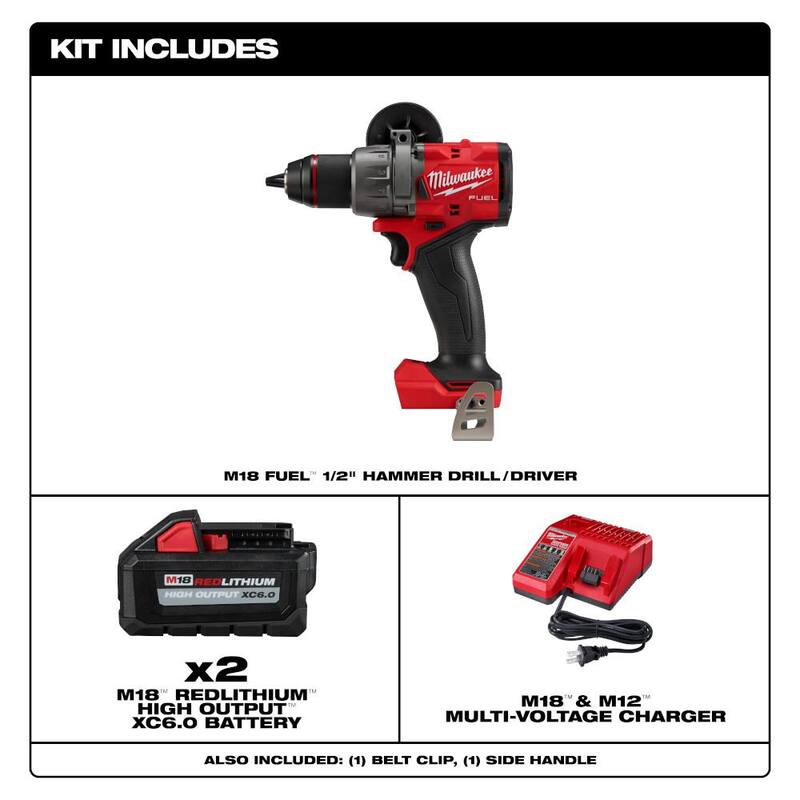 Milwaukee M18 FUEL 18V Taladro/destornillador inalámbrico sin escobillas de 1/2 pulg. con baterías de alto rendimiento de 6 Ah y cargador - 2904-20-48-59-1862S