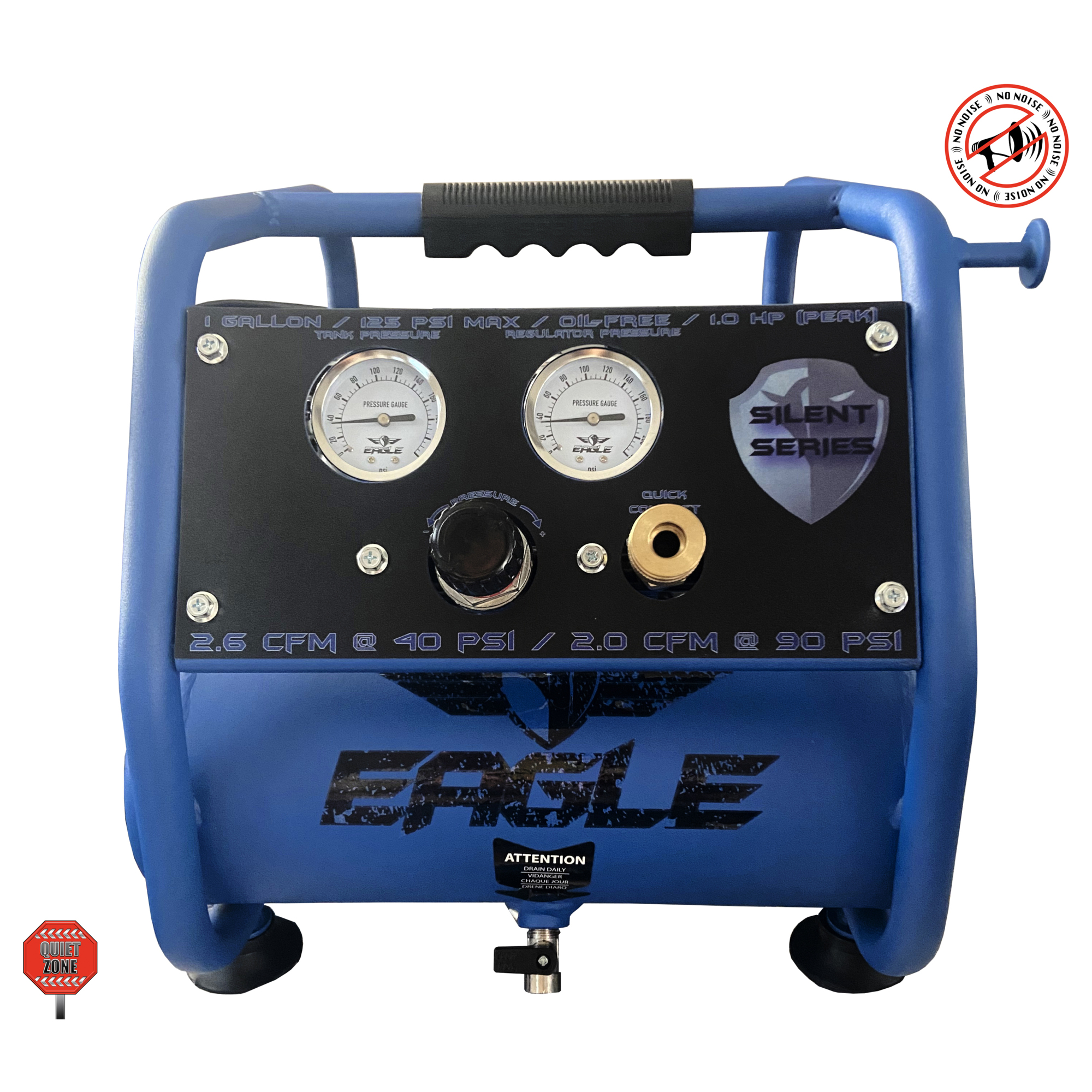 Compresor de aire silencioso EAGLE, 46 dB 25 pies, 1 HP, tanque de 1 Gal, 110 voltios, Modelo EA-3000.