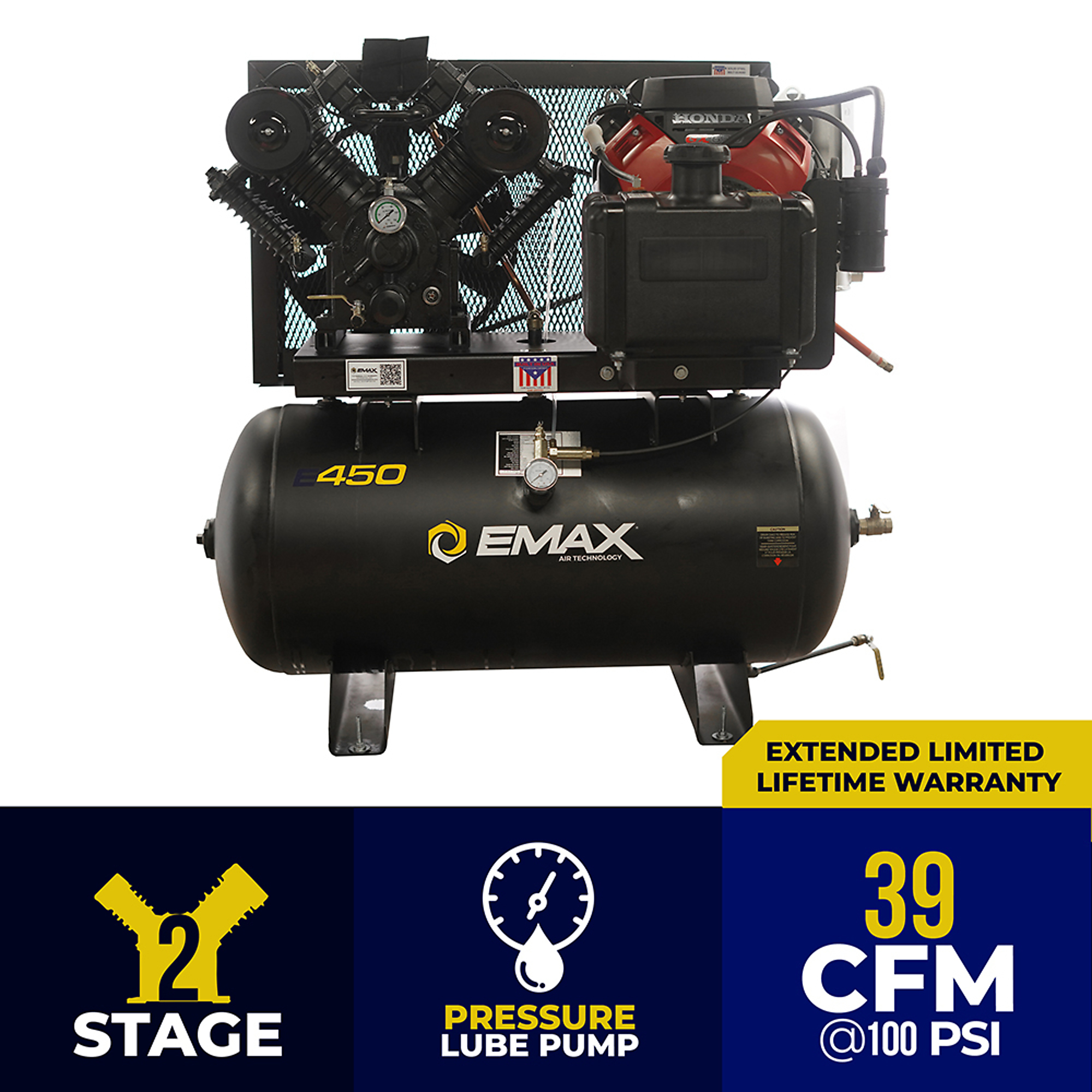Compresor de aire EMAX con arranque eléctrico, 18HP, 30 galones, motor de gasolina Honda, Modelo# EGES1830ST.