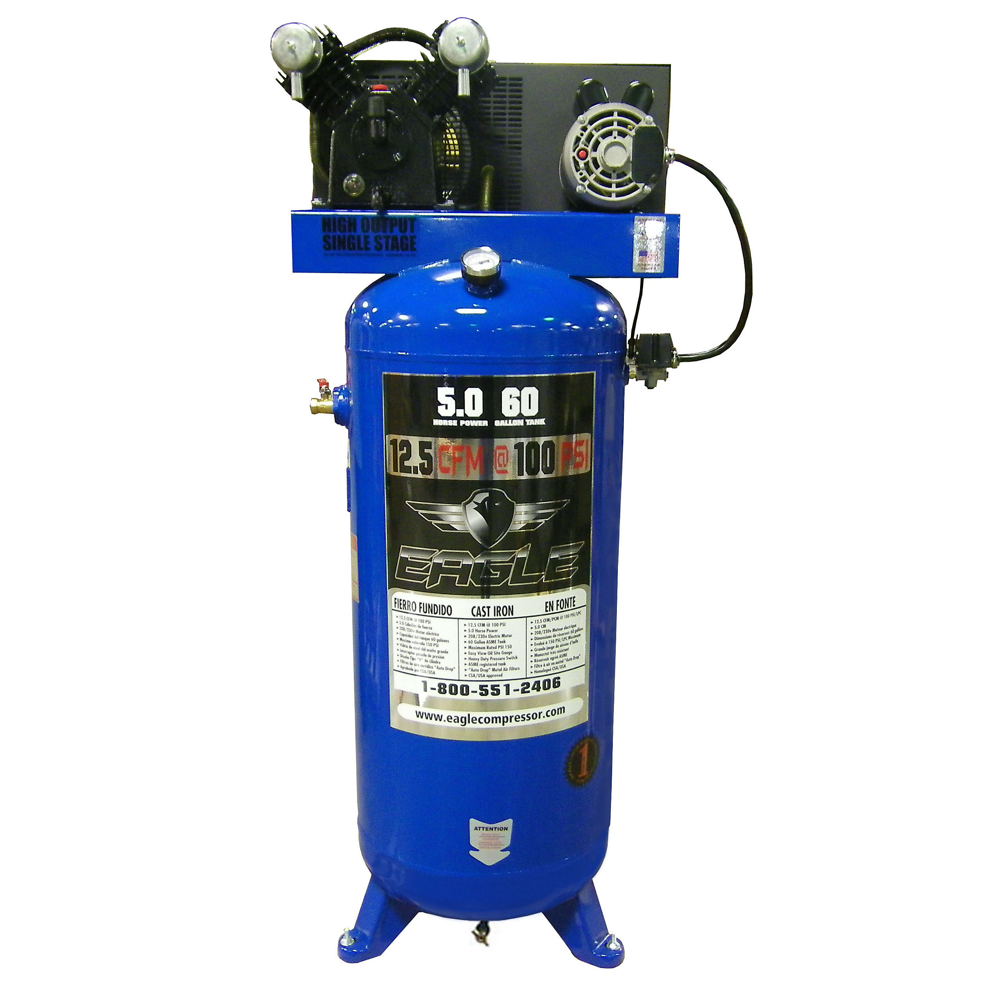 Compresor de Aire EAGLE de 60 Galones 12.5 CFM, 4 HP, Tanque de Aire de 60 Galones, 220 Voltios - Modelo C4160V1.