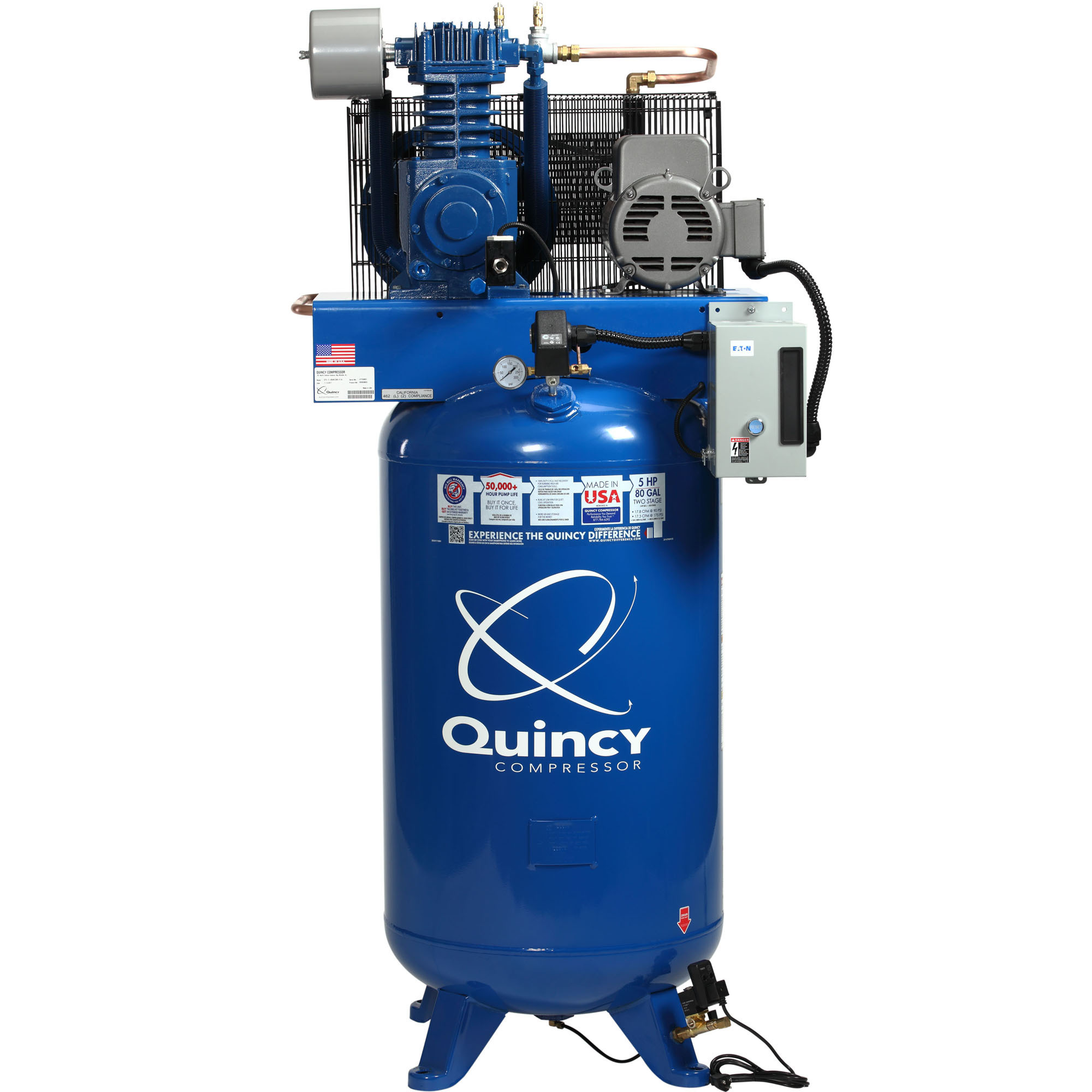 Compresor de Aire Quincy, Modelo QT1 5H 80G 2Stg, 230V 3ph V MAX, 5 HP, Capacidad de Tanque 80 Gal, 230 Volts Modelo# 453D80VCB23M.