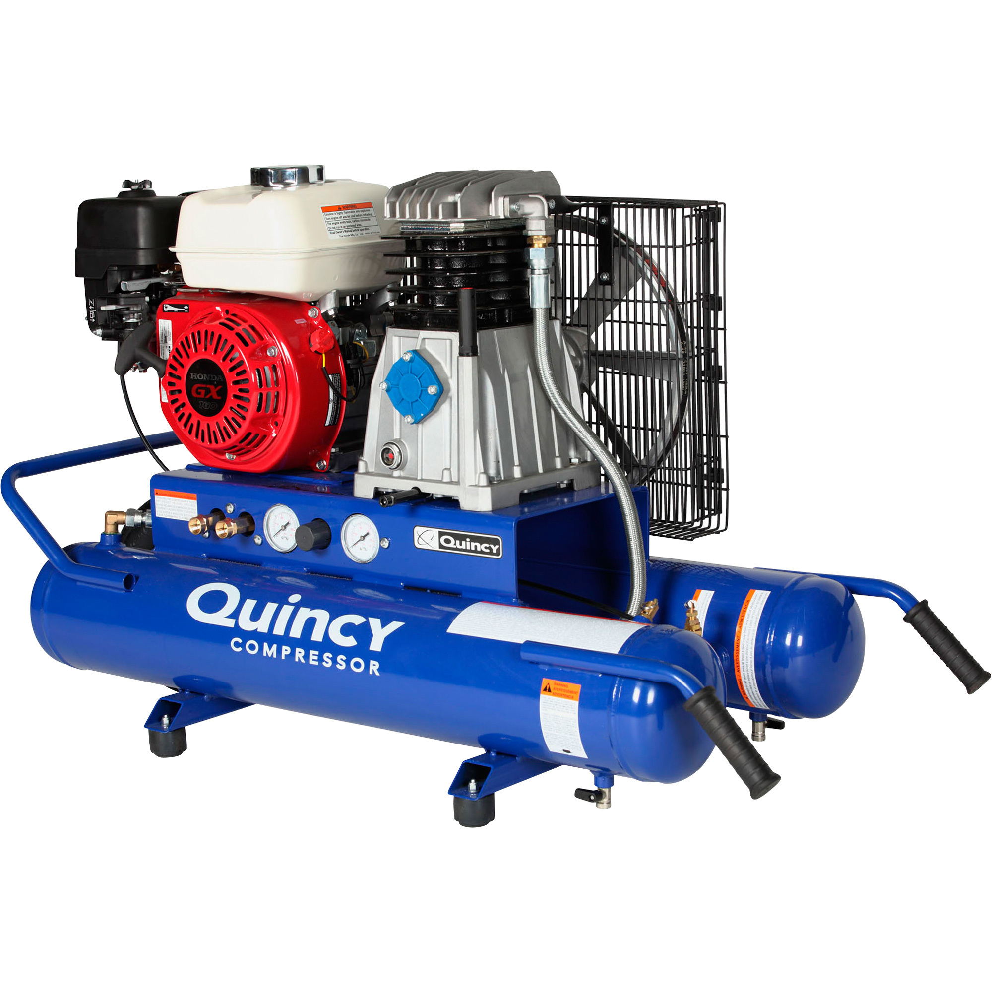 Compresor de aire portátil con motor a gasolina Quincy, 5.5 HP Honda, dos tanques horizontales de 4 galones, 11.1 CFM, Modelo G15H8WQ.