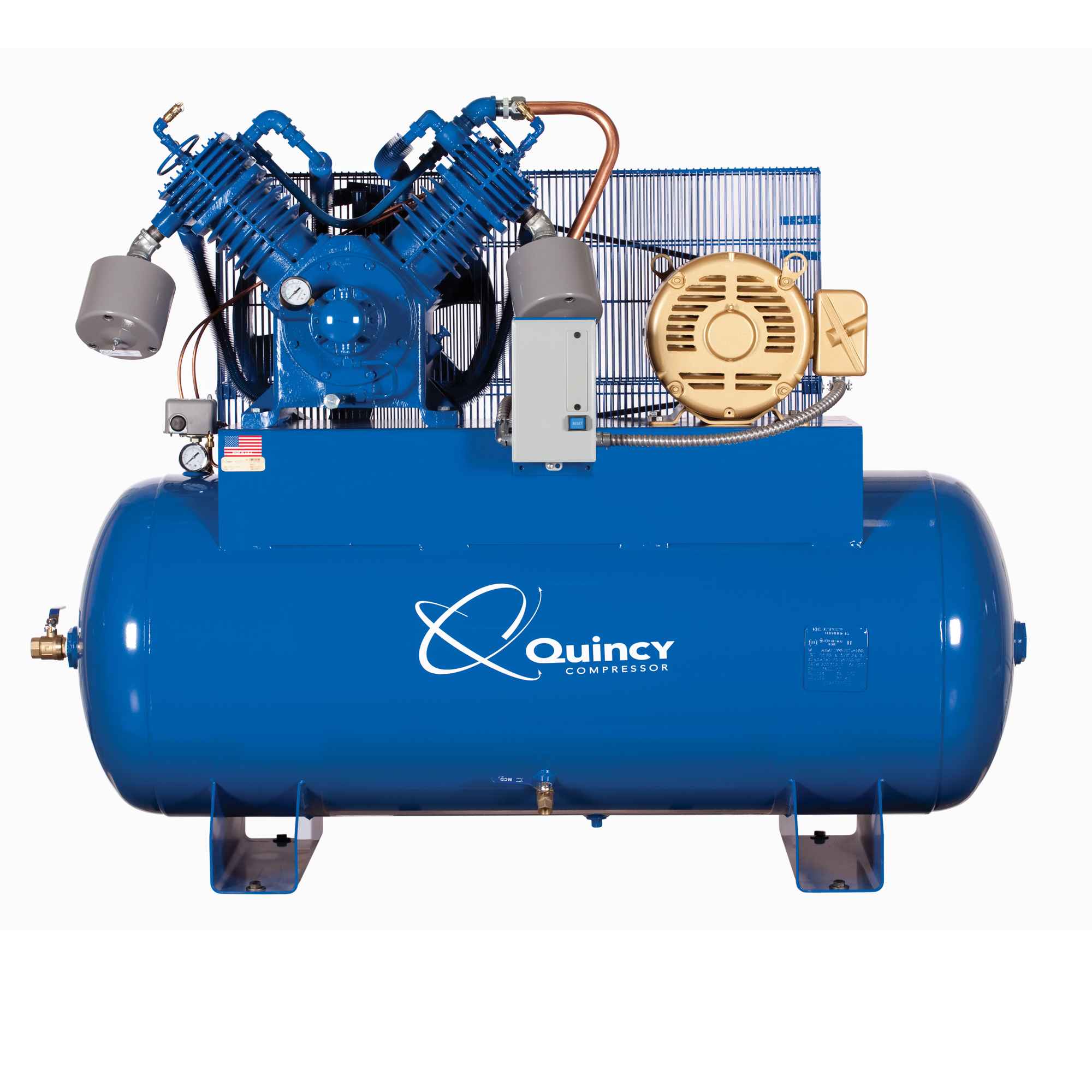 Compresor de aire Quincy, modelo QP2 15H 120G 2S, 460V 3ph H MAX, 15 HP, capacidad de tanque 120 galones, modelo# 5153D12HCB46M.