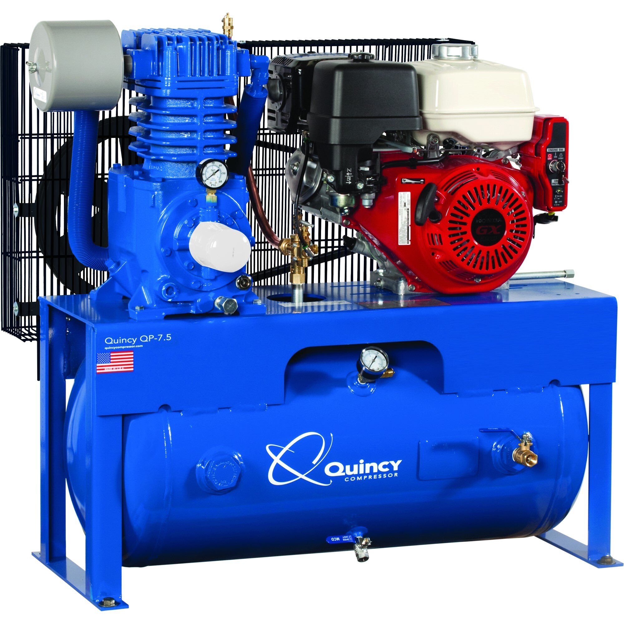 Compresor de aire Quincy, QP 13H 30G 2 etapas (Honda) Horizontal, 13 caballos de fuerza, tanque de aire de 30 galones, Modelo# G513H30HCE.