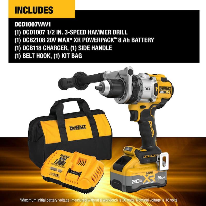 Juego de taladro percutor inalámbrico DEWALT 20V XR de ion de litio con batería de 8.0 Ah, cargador y bolso de kit - DCD1007WW1