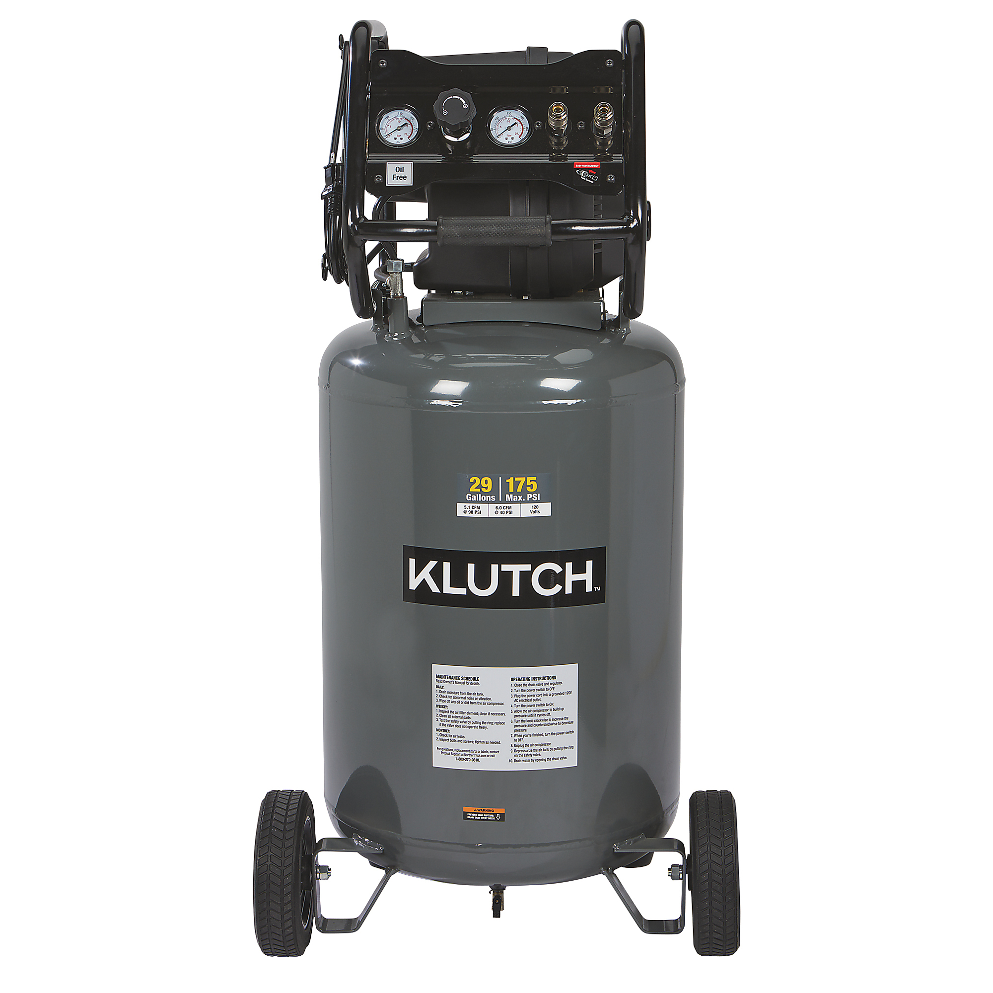 Compresor de Aire Klutch de 29 Galones, 2.5 HP, 120 Volts, 175 PSI