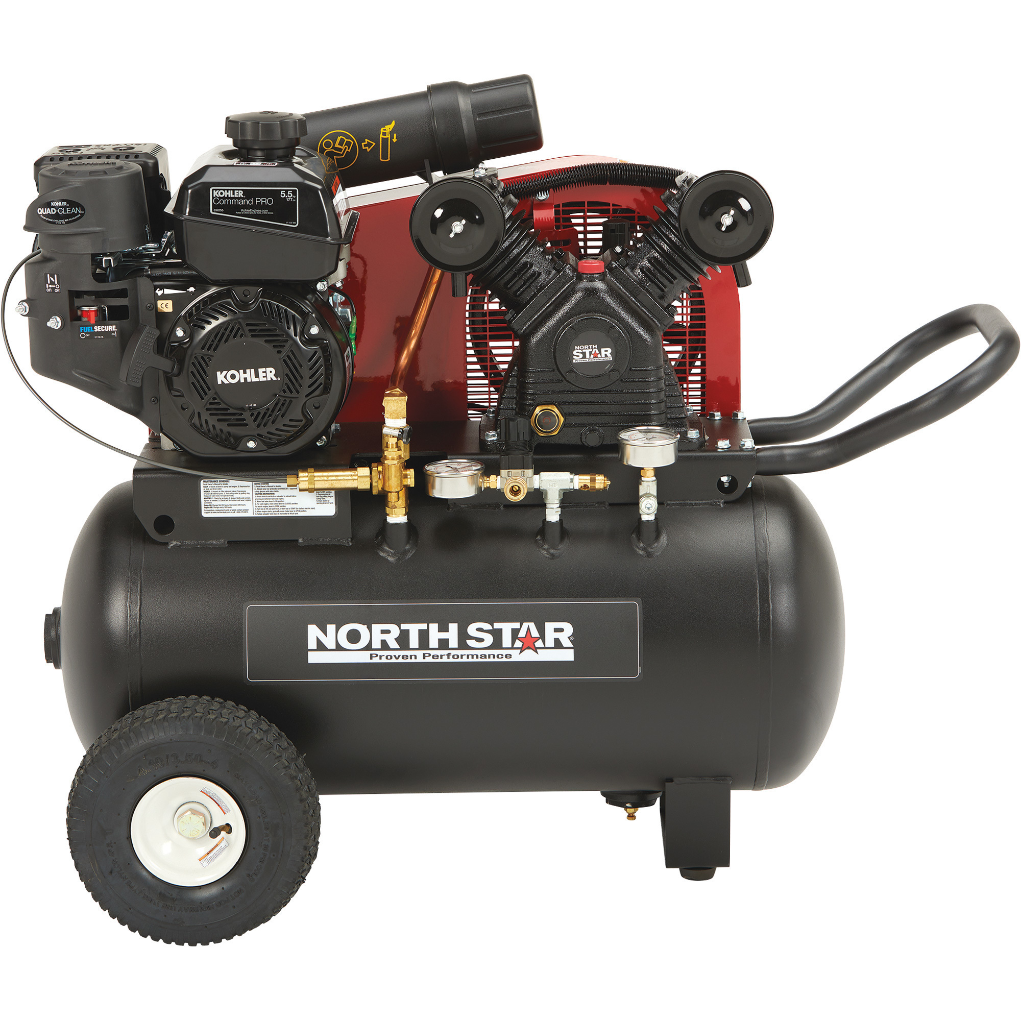 Compresor de aire portátil a gasolina NorthStar, con motor Kohler 177cc OHV, tanque horizontal de 20 galones y capacidad de 13.7 CFM a 90 PSI.