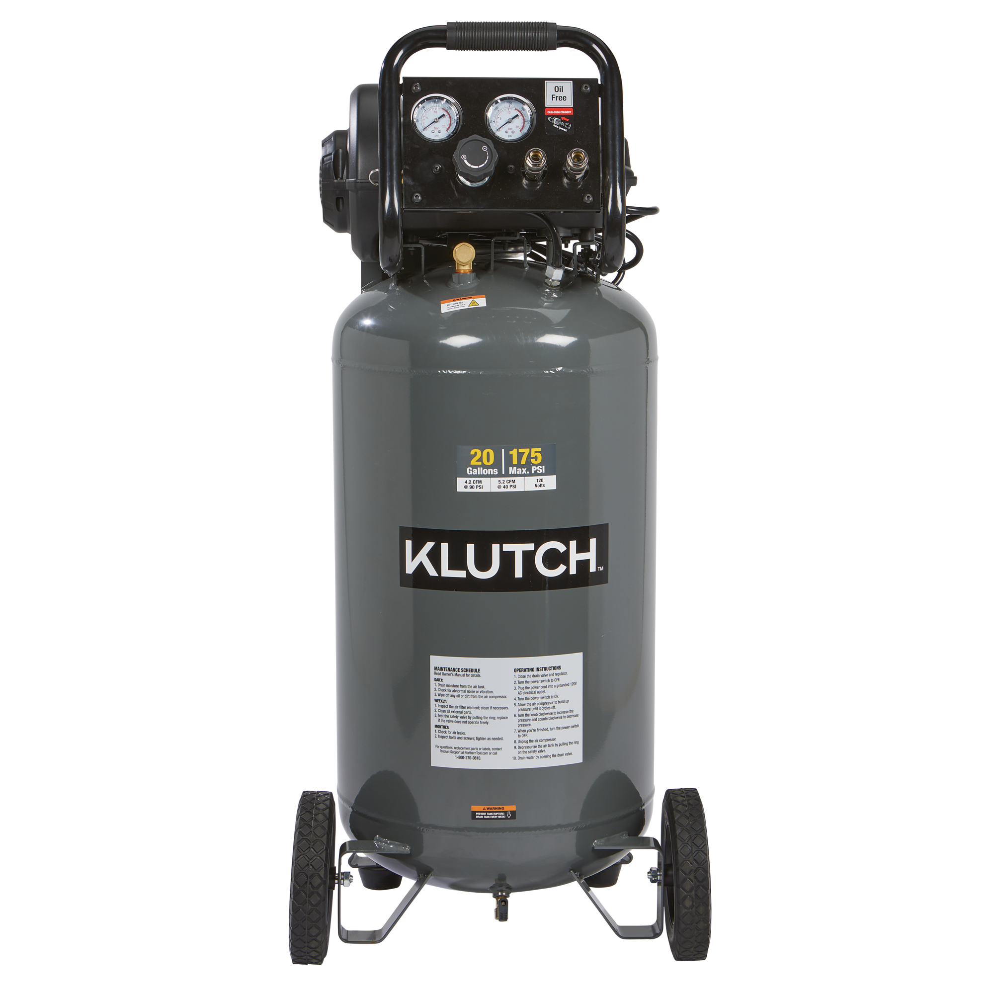 Compresor de aire Klutch de 20 galones, 2 HP, 120 voltios, 175 PSI.