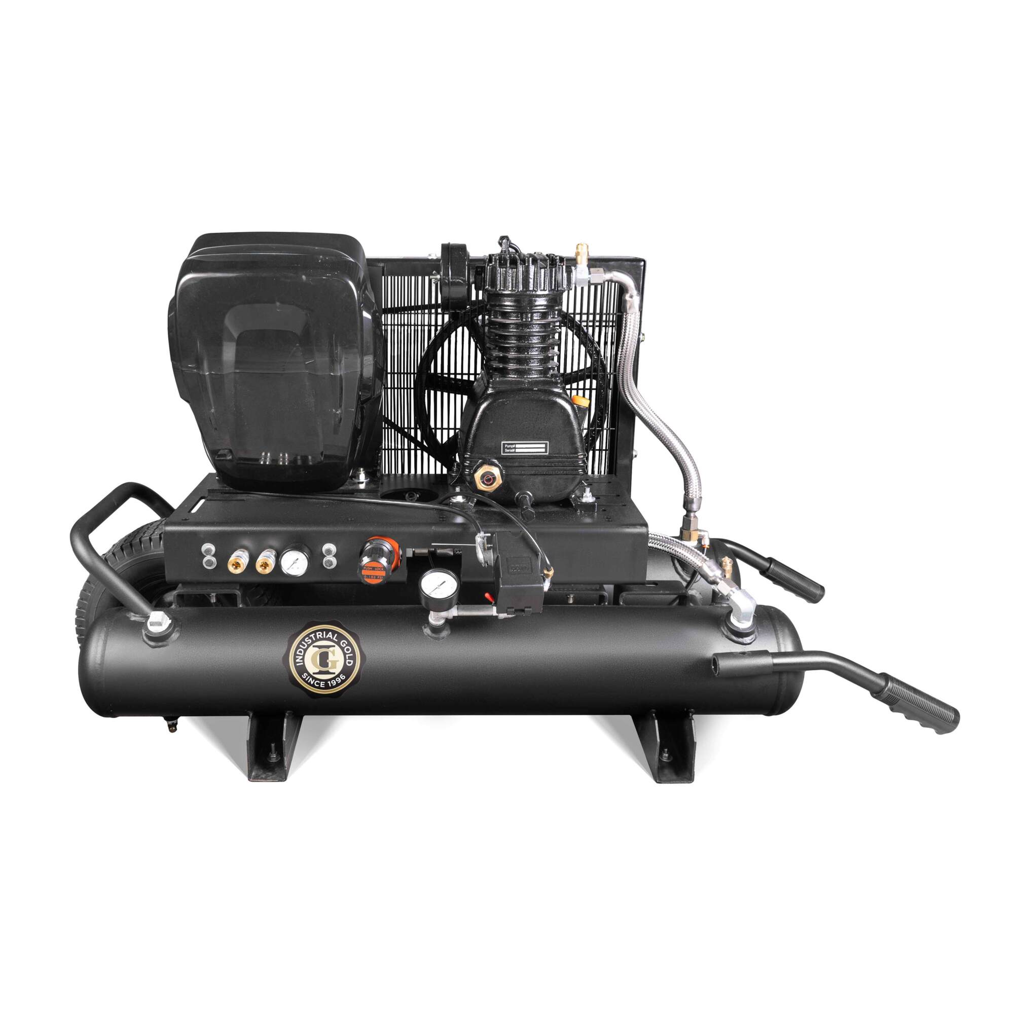 Compresor de aire Industrial Gold de 3.0 HP con capacidad de 10 galones y batería eléctrica.
