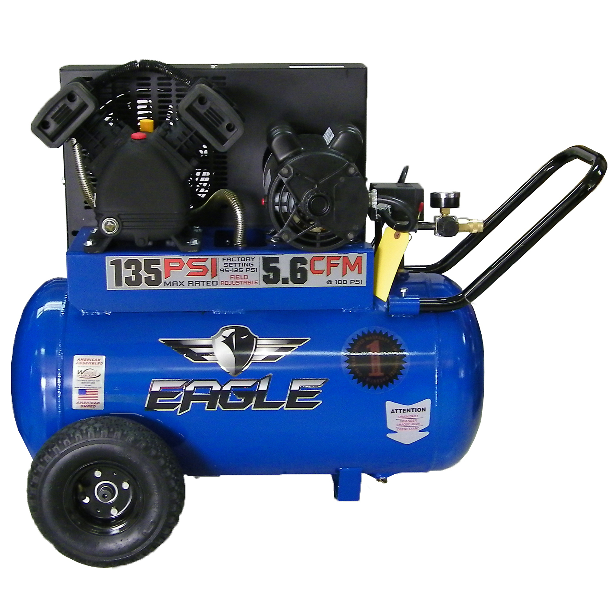 Compresor EAGLE de 20 galones y 5.6 CFM, 3 HP de potencia, tanque de aire de 20 galones, voltaje de 110 o 220 voltios, modelo P3120H1-CC.