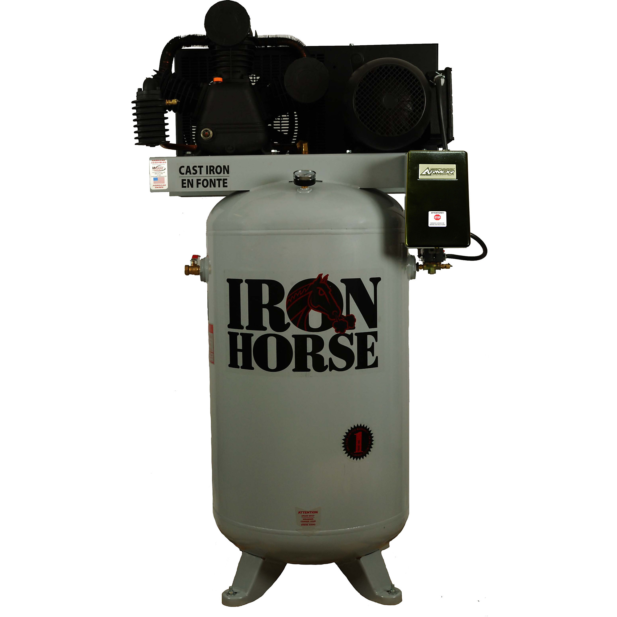 Compresor de Aire Estacionario de 2 Etapas Iron Horse con Arrancador Magnético, 7.5 HP, Tanque de 80 Galones, Modelo IHD7180V2-MS.
