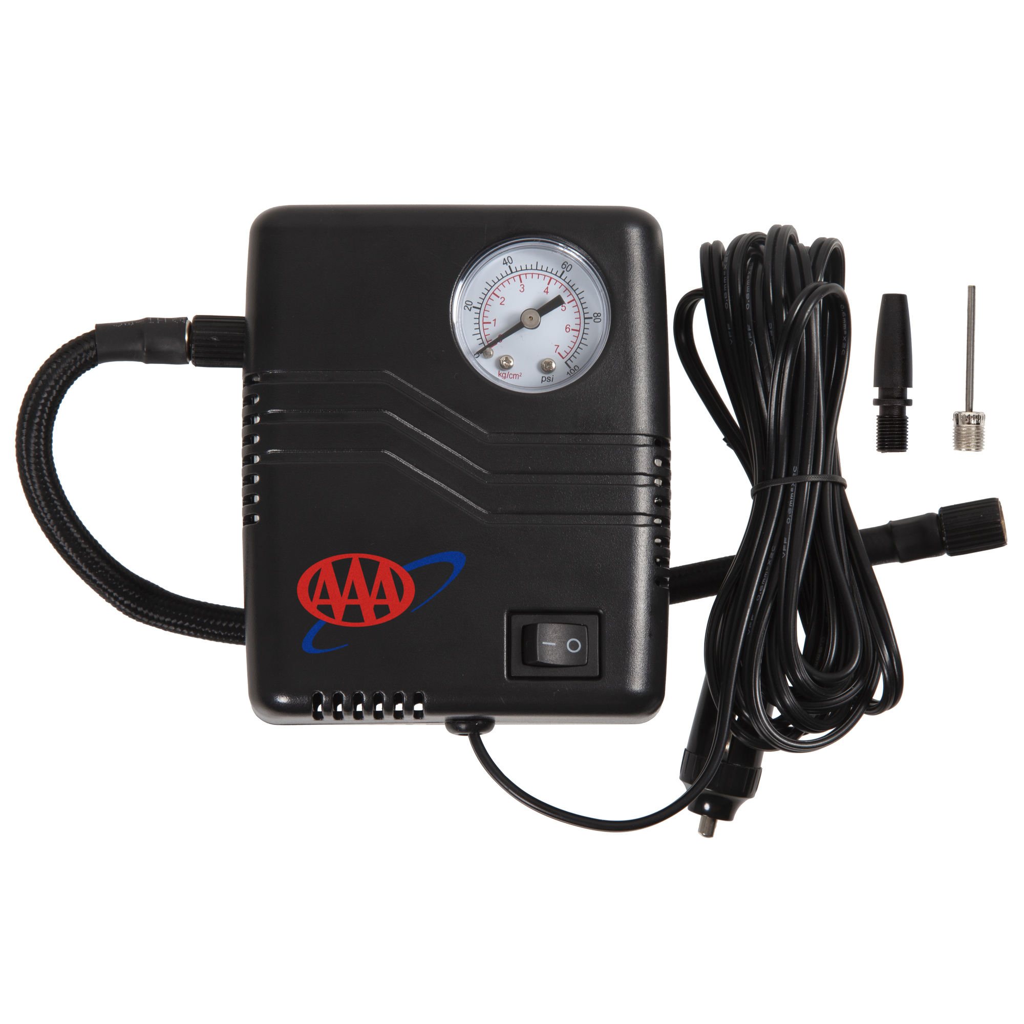 Inflador de llantas Lifeline AAA Mini 12V 4354AAA, máx. PSI 50, con fuente de poder por cable, modelo 4354AAA.