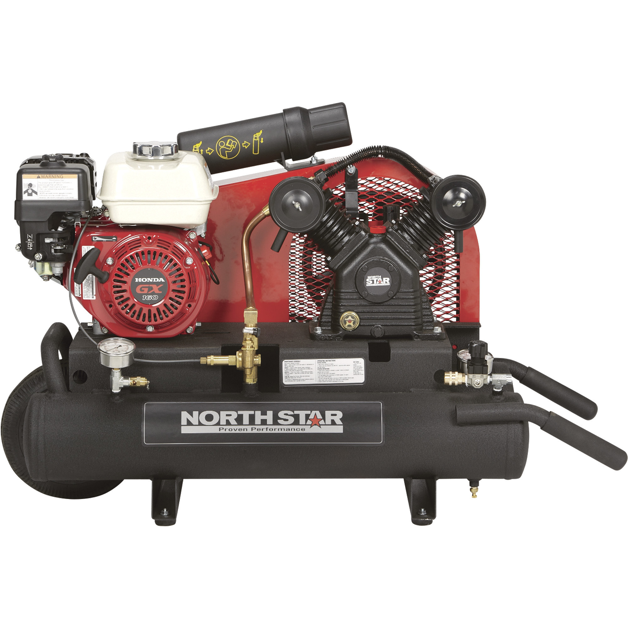 Compresor de aire para carretilla NorthStar, motor a gasolina Honda GX160 OHV, con tanque gemelo de 8 galones, 13.7 CFM @ 90 PSI.