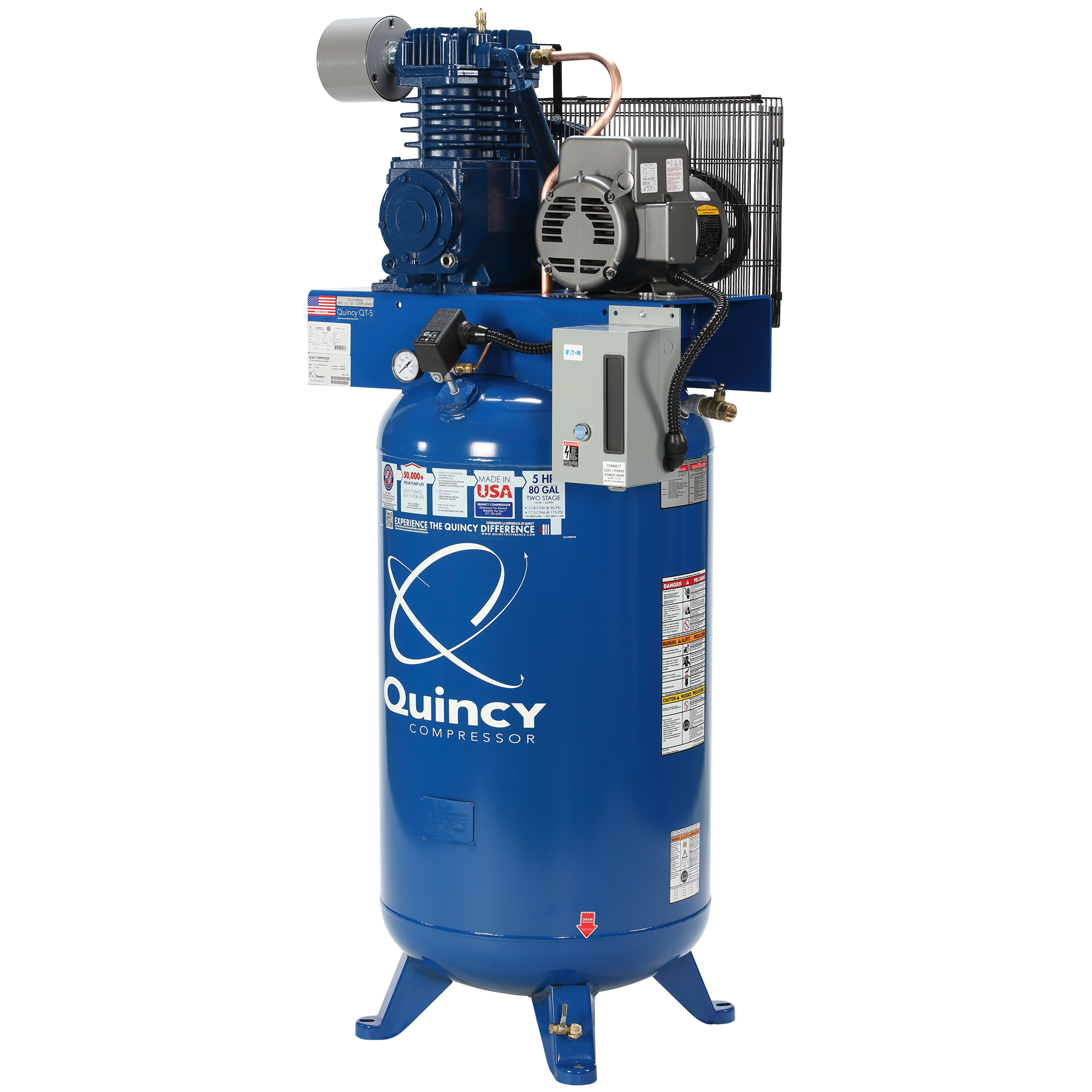 Compresor de aire Quincy, QT1 5Hp 80G 2Stg 200V 3ph V MAX, 5 HP, Tanque de 80 Galones, Modelo# 453D80VCB20M.