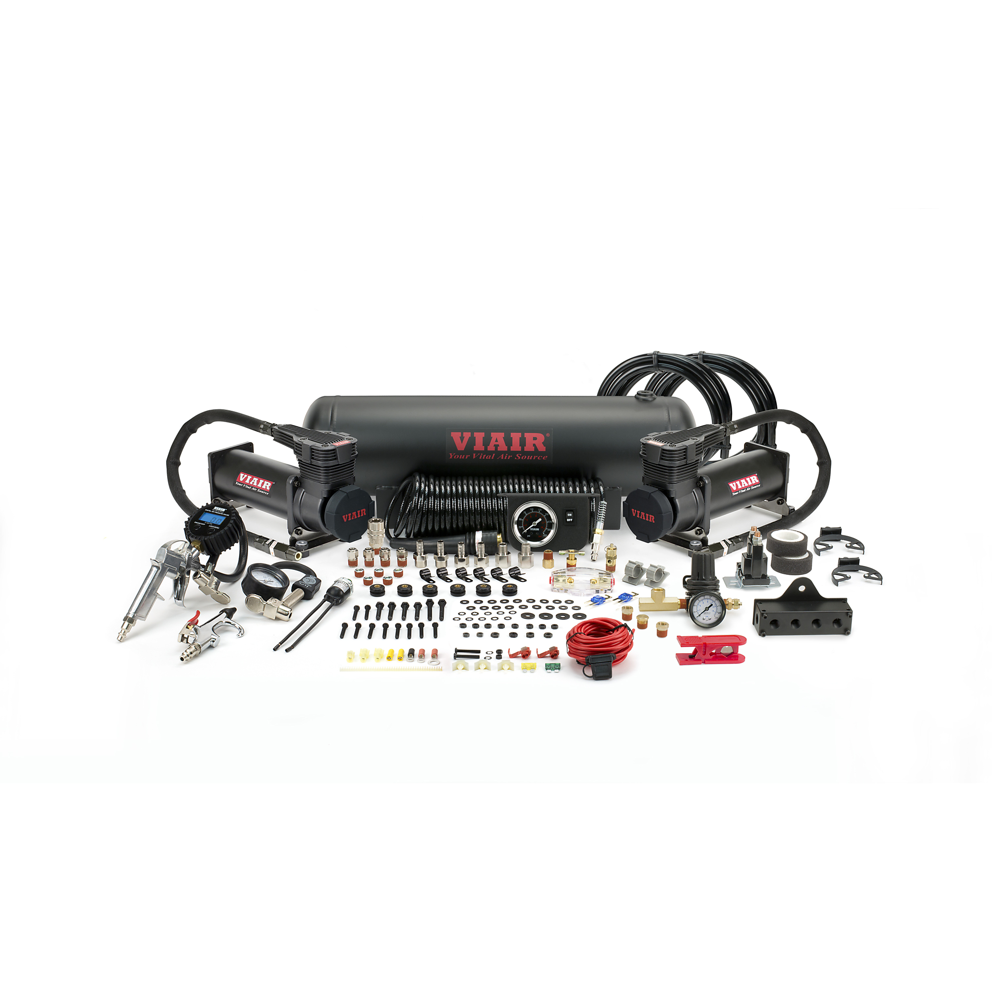 Sistema de aire a bordo Viair Dual 485C negro, 0.25 HP, tanque de aire de 2.5 galones, 12 volts Modelo# 20185.
