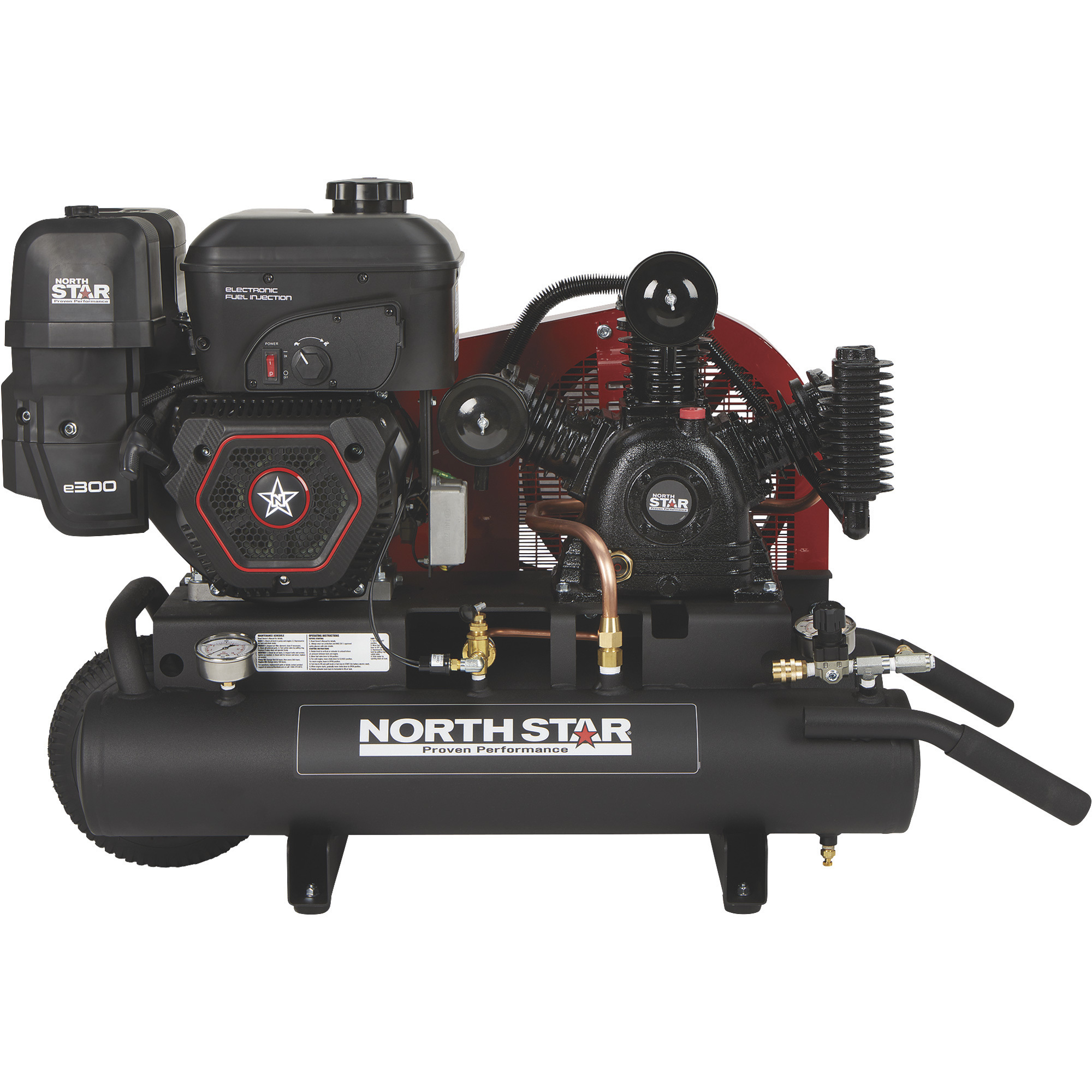 Compresor de aire para carretilla NorthStar, con motor NorthStar e300 OHV a gasolina, 8 galones en tanque doble, 14.9 CFM @ 90 PSI.