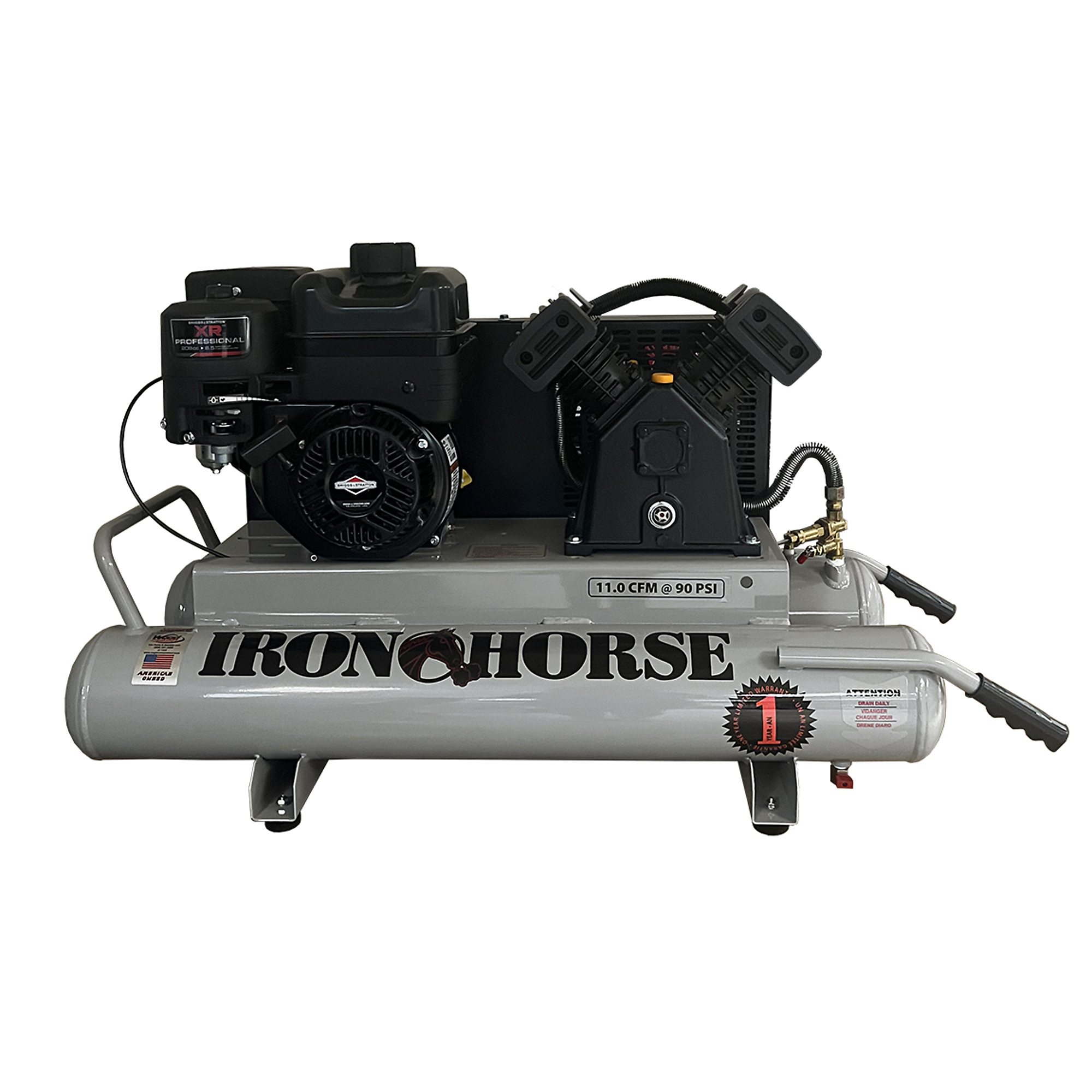 Compresor de 10 galones Iron Horse con motor Briggs Stratton, 6 HP de potencia, tanque de aire de 10 galones, modelo # IHTT60G-BS.