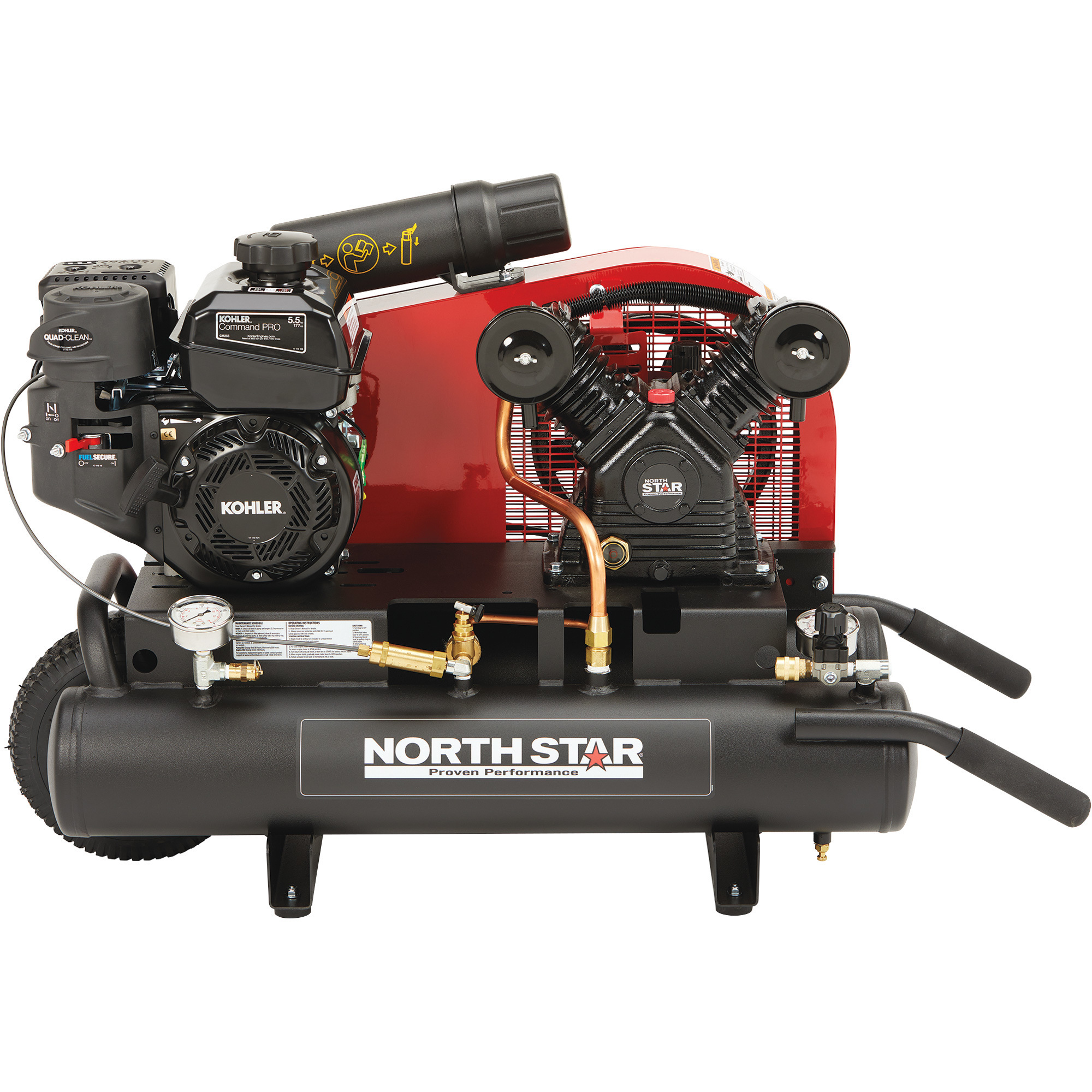 Compresor de aire NorthStar a gas, motor Kohler CH255 OHV, tanque doble de 8 galones, 13.7 CFM @ 90 PSI.