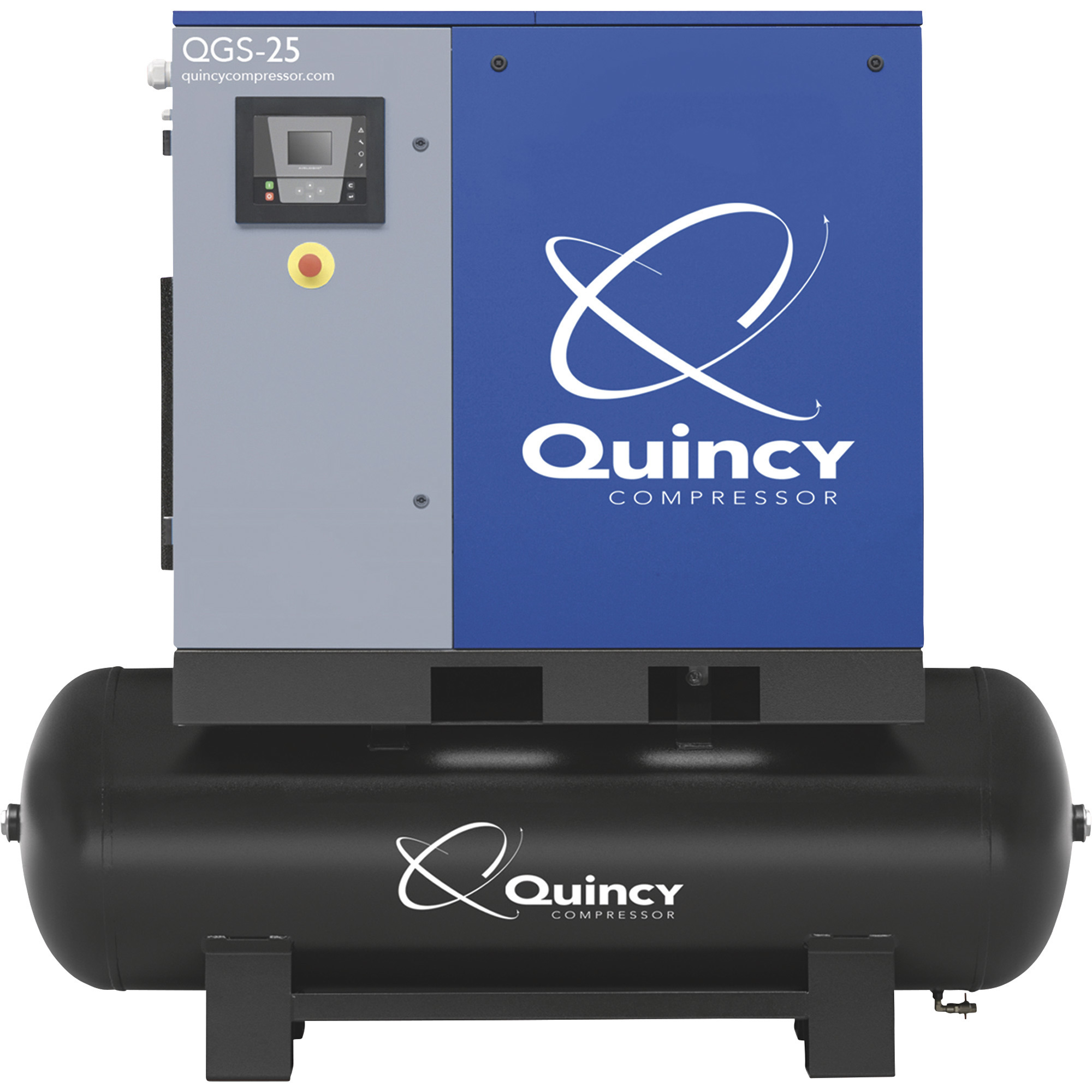 Compresor de aire de tornillo rotativo Quincy QGS, 208/230/460V Trifásico, 25 HP, 99 CFM, 132 galones, Modelo# 4152026529.