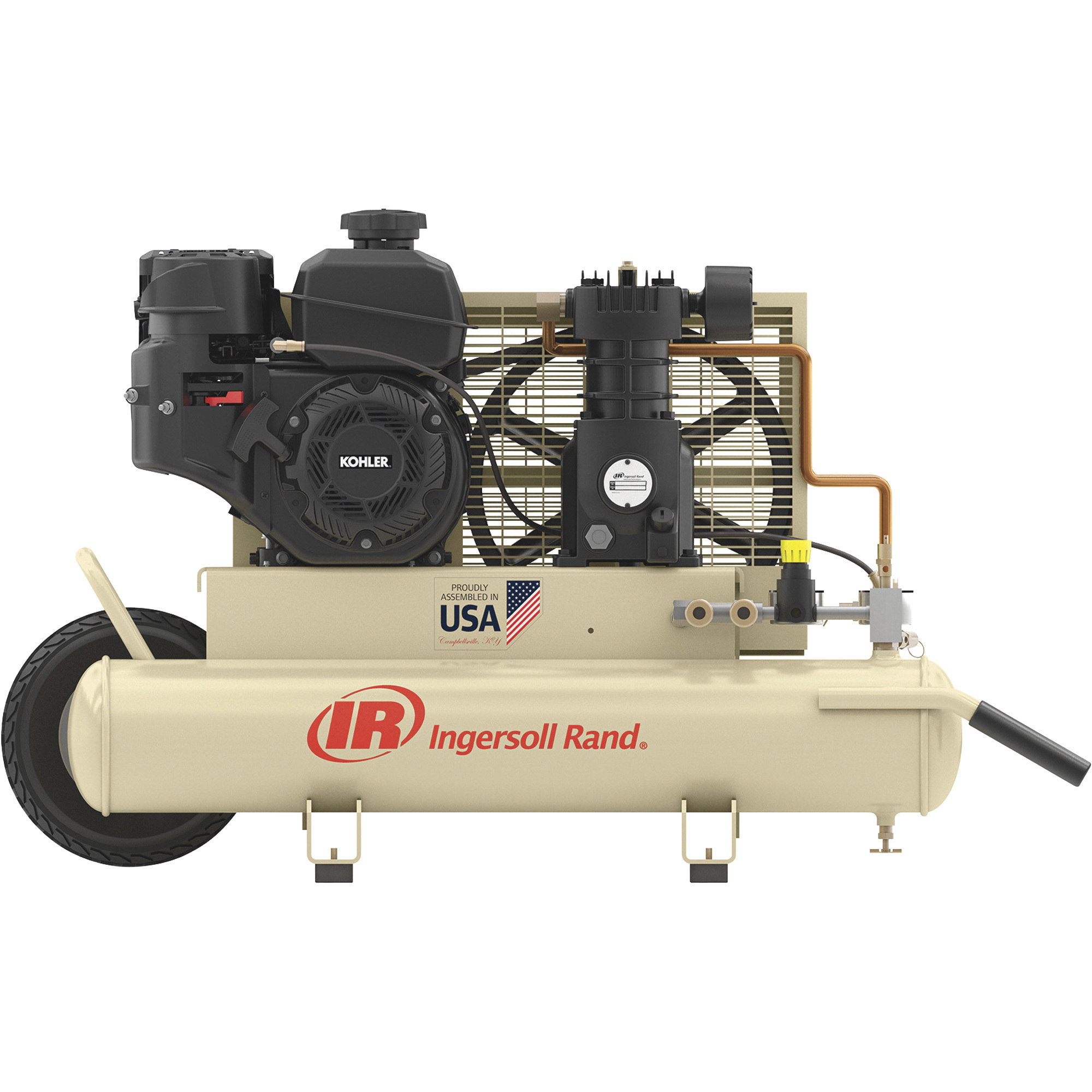 Compresor de aire portátil a gas Ingersoll Rand, motor Kohler de 5.5 HP, 8 galones, 11.8 CFM @ 90 PSI, modelo SS3J5.5GK-WB.