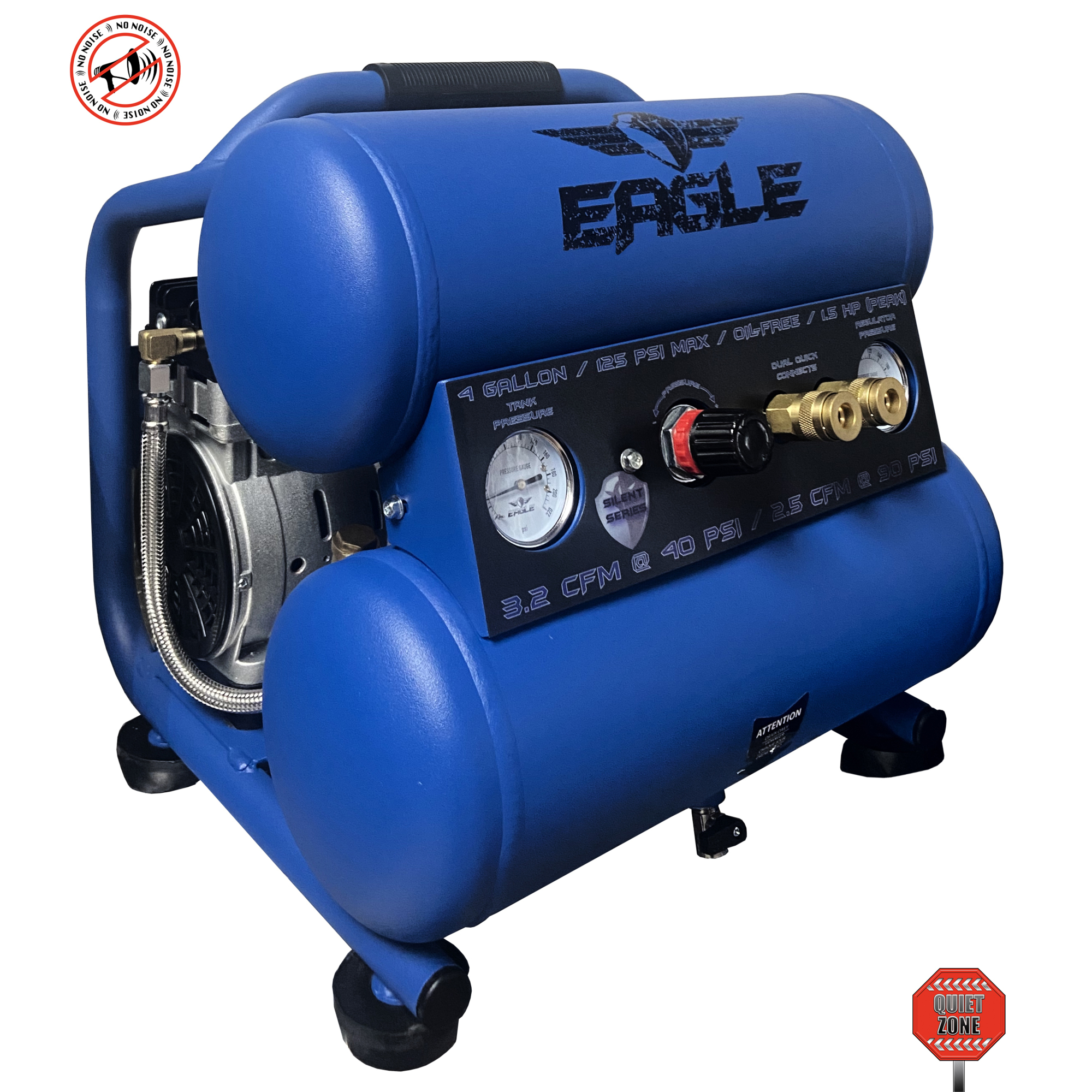 Compresor de aire silencioso EAGLE de 47 dB, 25 pies cúbicos. 1 HP, 4 galones, 110 voltios, modelo EA-4000.