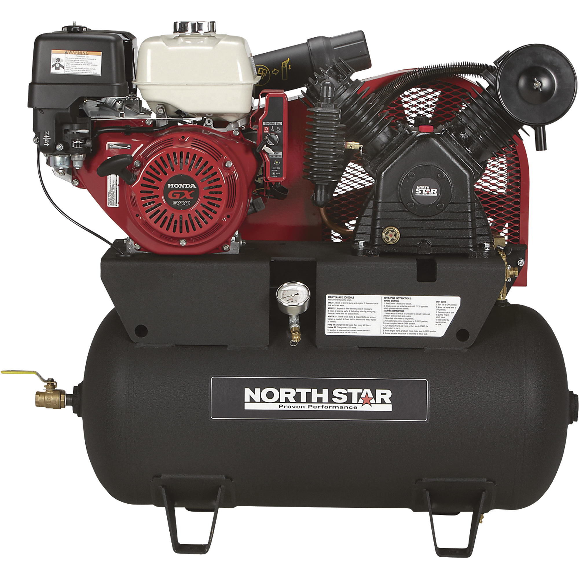 Compresor de aire NorthStar a gasolina con motor Honda GX390 OHV, tanque horizontal de 30 galones, 24.4 CFM a 90 PSI