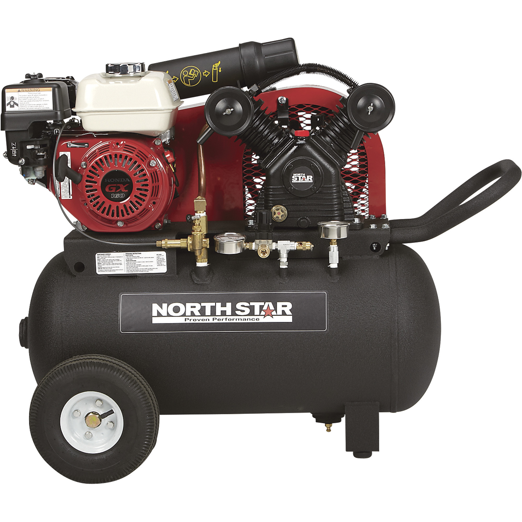 Compresor de aire portátil a gasolina NorthStar, motor Honda 163cc OHV, tanque horizontal de 20 galones, 13.7 CFM @ 90 PSI.