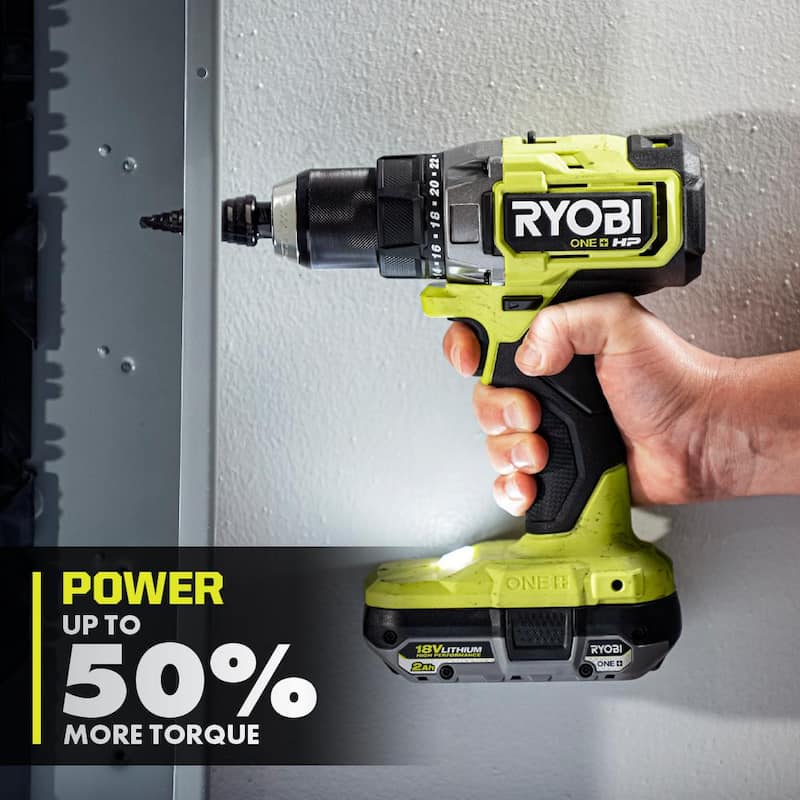 Equipo de taladro/atornillador inalámbrico RYOBI ONE+ HP 18V sin escobillas de 1/2 pulg. con kit de baterías de alto rendimiento de 2.0 Ah (2), cargador y bolsa - PBLDD01K