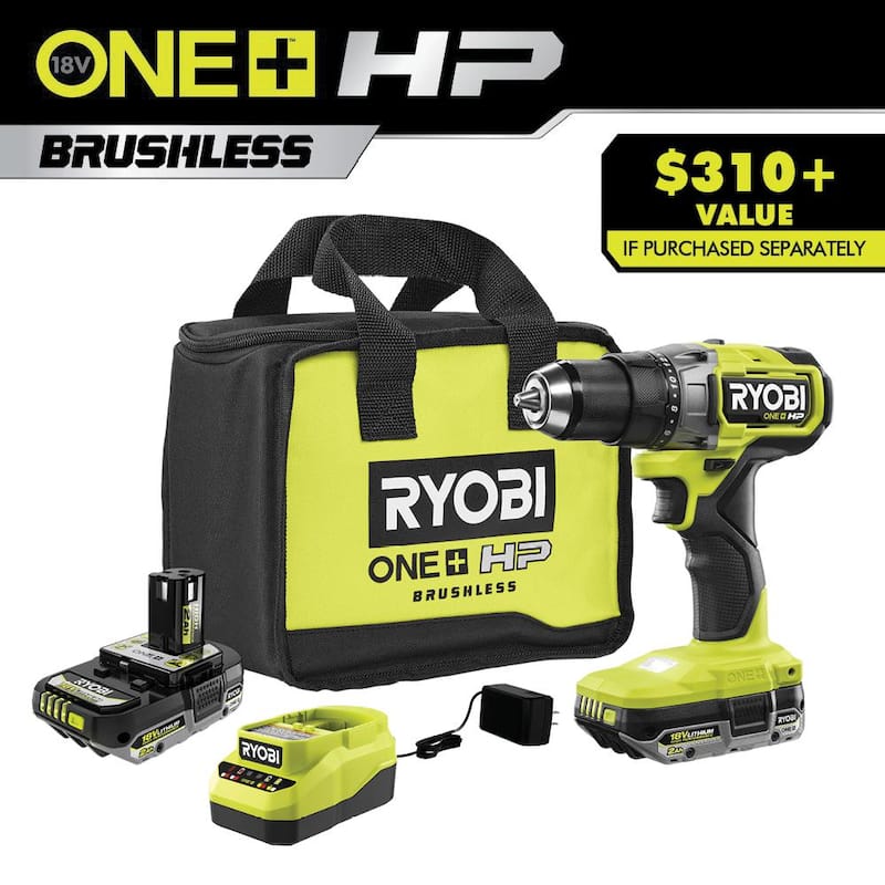 Equipo de taladro/atornillador inalámbrico RYOBI ONE+ HP 18V sin escobillas de 1/2 pulg. con kit de baterías de alto rendimiento de 2.0 Ah (2), cargador y bolsa - PBLDD01K