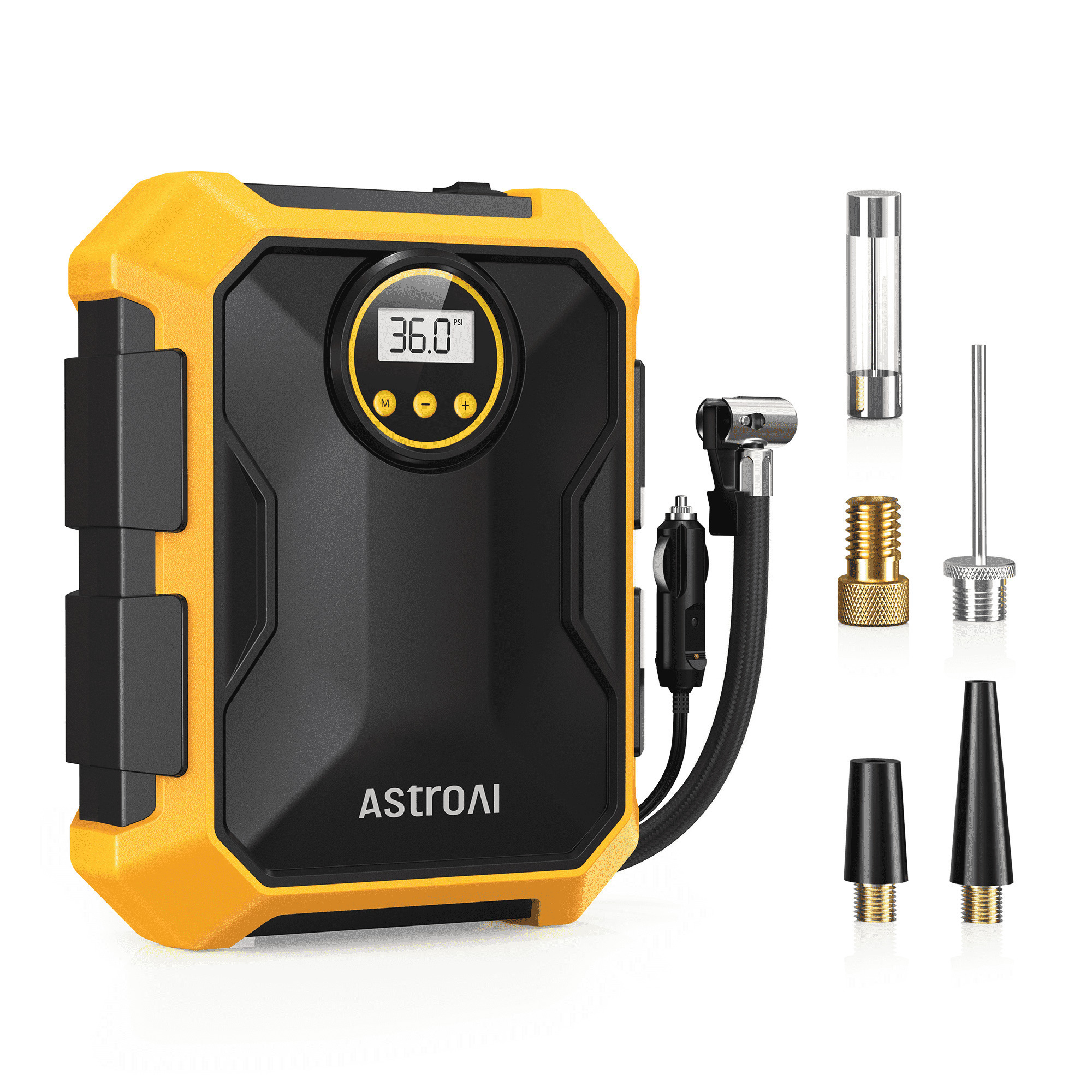 Inflador de neumáticos AstroAI de 100 PSI 12V DC, máx. PSI 100, fuente de poder enchufada, modelo ACAC3675YE-US-1