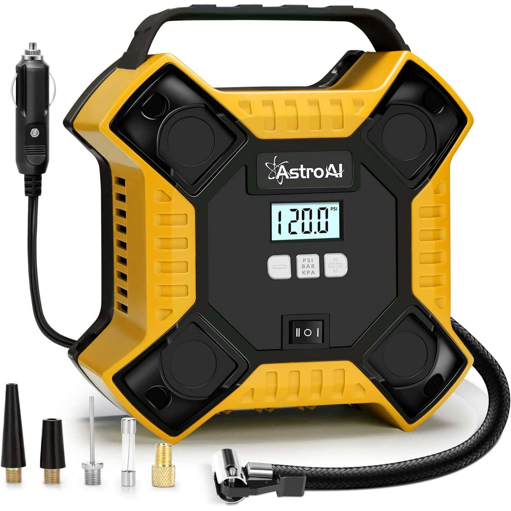 ¡Inflador de llantas AstroAI 160 PSI 12V DC con fuente de energía por cable! Modelo ACACJY21DCYE-US.