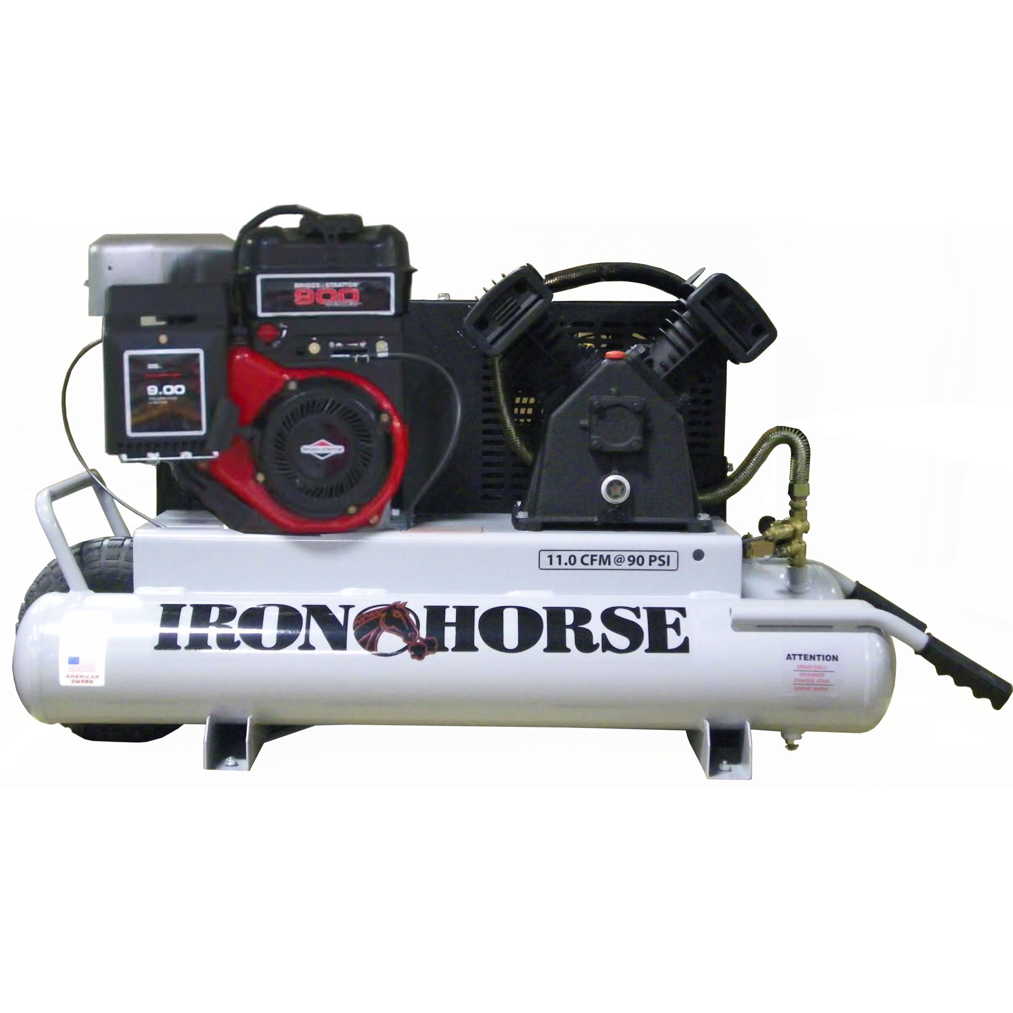 Compresor Iron Horse de 10 galones con arranque eléctrico y motor BS, capacidad de 6 HP, tanque de aire de 10 galones, modelo IHTT60GE-BS.