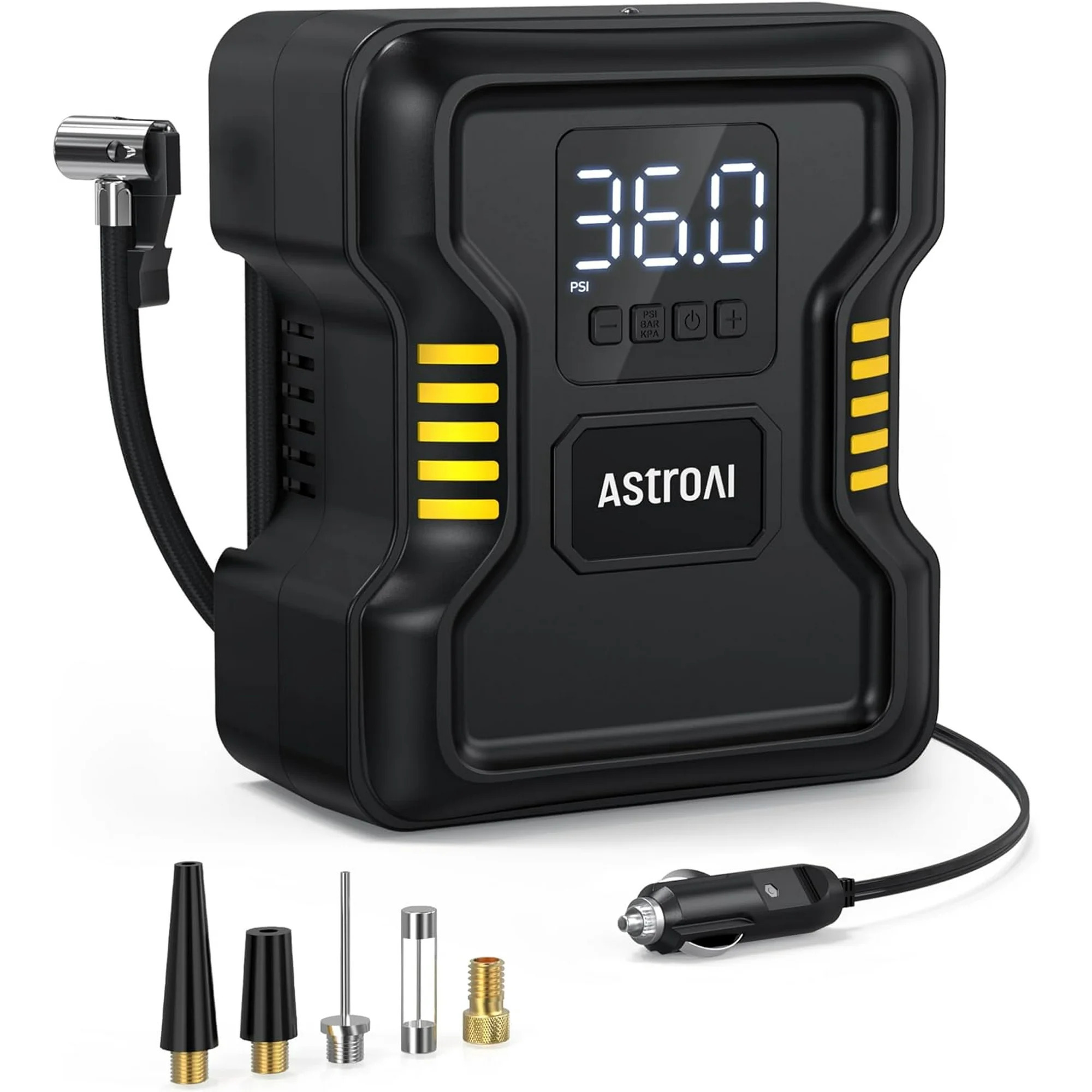 Inflador de llantas y compresor de aire AstroAI 150PSI 12V DC, con conexión de corriente, Modelo ACAC160YE-US.